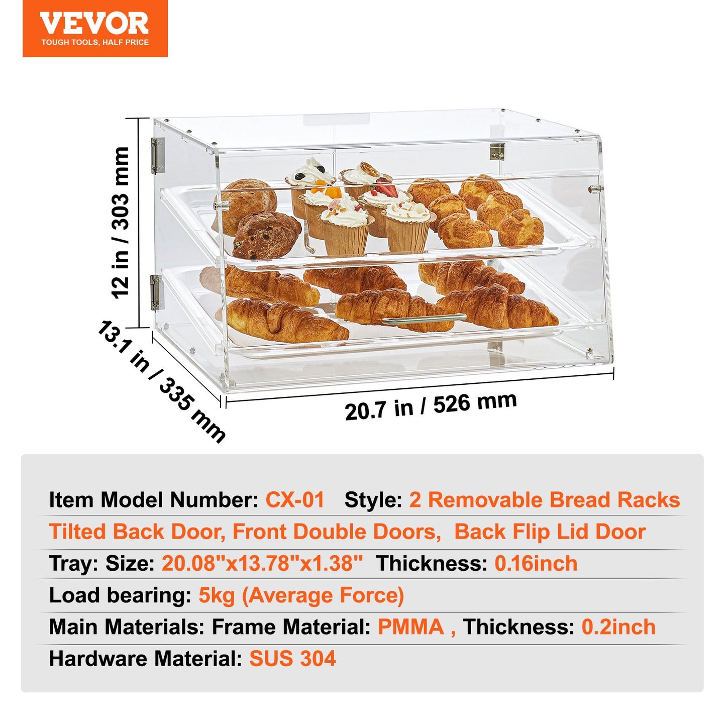 Pastry Display Case, 2-Tier Commercial Countertop Bakery Display Case, Acrylic Display Box with Rear Door Access & Removable Shelves, Keep Fresh for Donut Bagels Cake Cookie, 20.7"x13.2"x11.9"