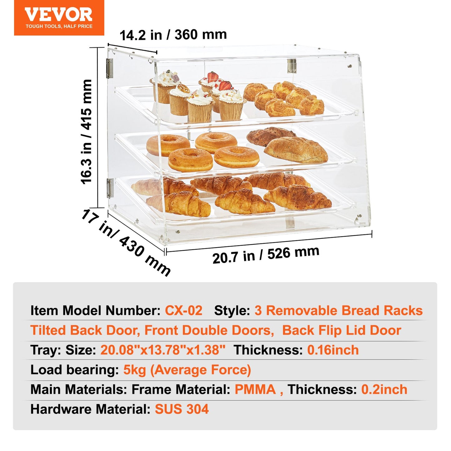 Pastry Display Case, 3-Tier Commercial Countertop Bakery Display Case, Acrylic Display Box with Rear Door Access & Removable Shelves, Keep Fresh for Donut Bagels Cake Cookie, 20.7"x17"x16.3"