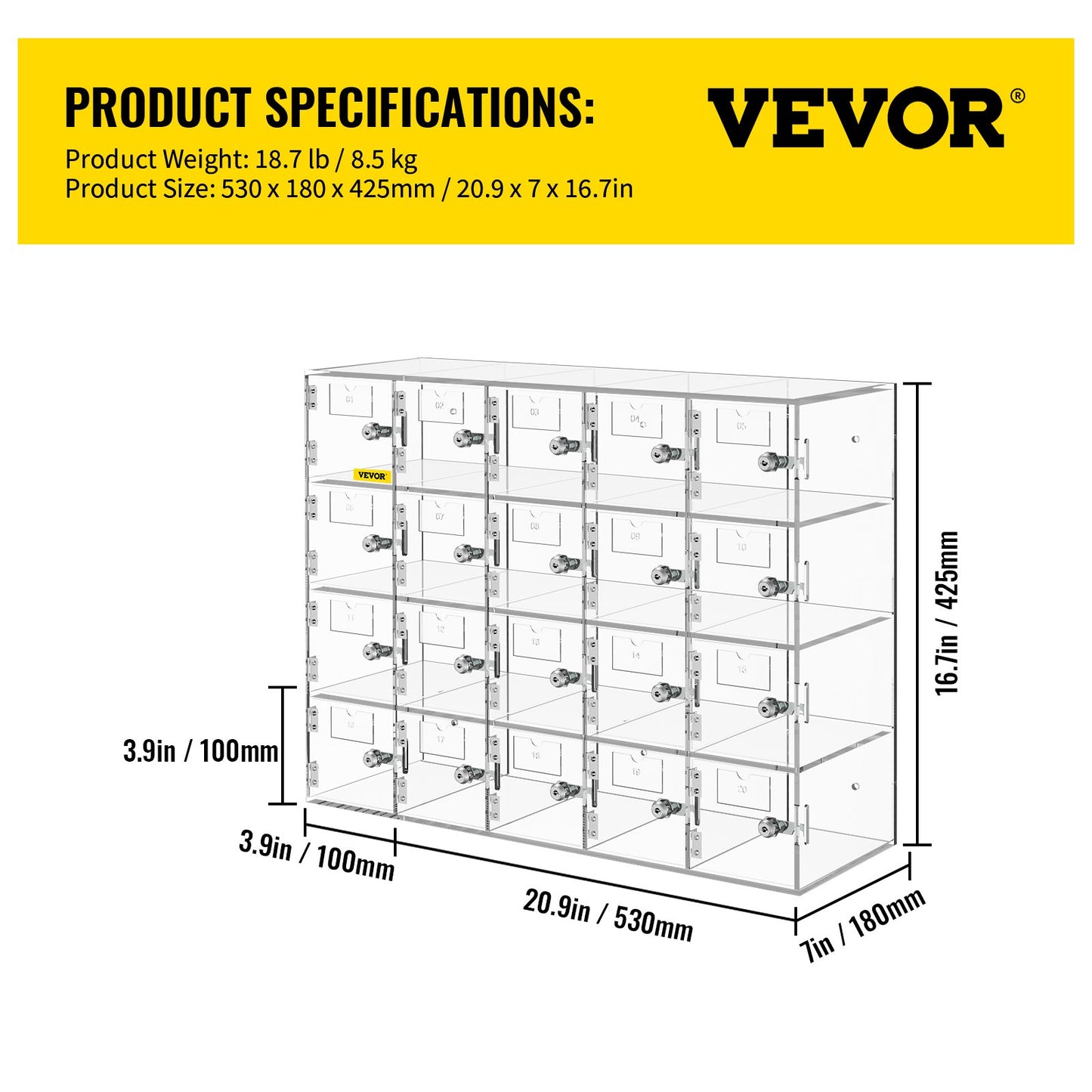 Cell Phone Storage Locker, 20 Slots Acrylic Material with Door Locks and Keys, Wall-Mounted Cabinet Pocket Office Classroom Gym Box, Clear