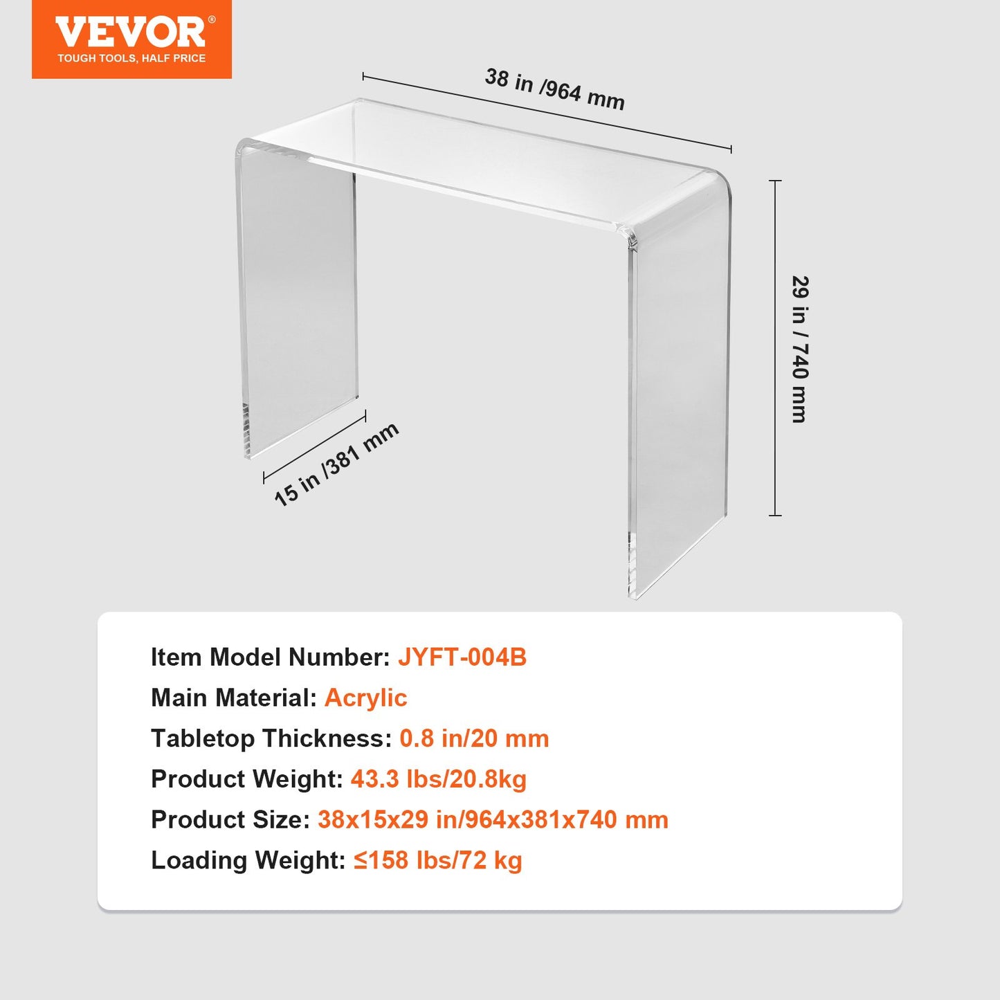 Acrylic Console Table, Clear Acrylic End Table, Transparent Acrylic Side Table 37.95x15x29.13 inch, for Foyer, Living Room, Dining Room