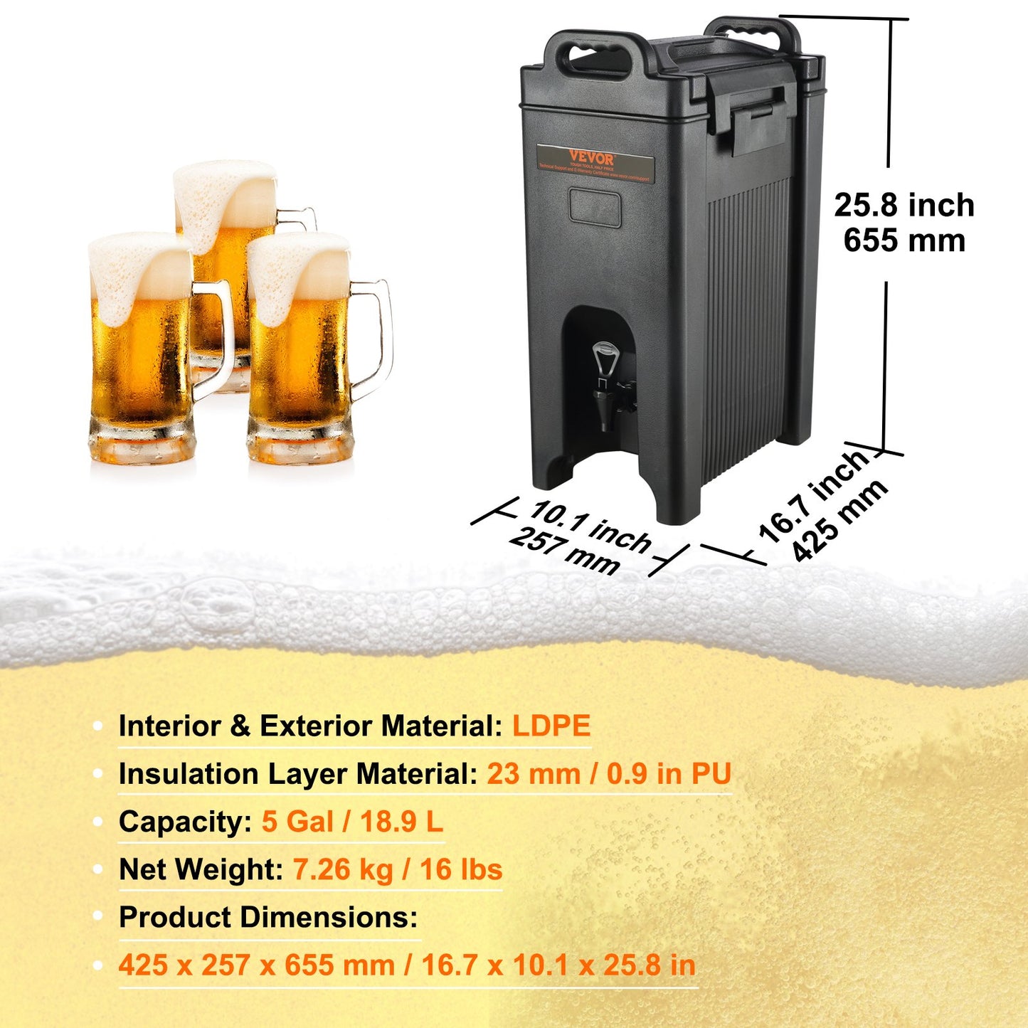 Insulated Beverage Dispenser, 5 Gallon, Food-grade LDPE Hot and Cold Beverage Server, Thermal Drink Dispenser Cooler with 0.9 in PU Layer Two-Stage Faucet Handle, for Restaurant Drink Shop