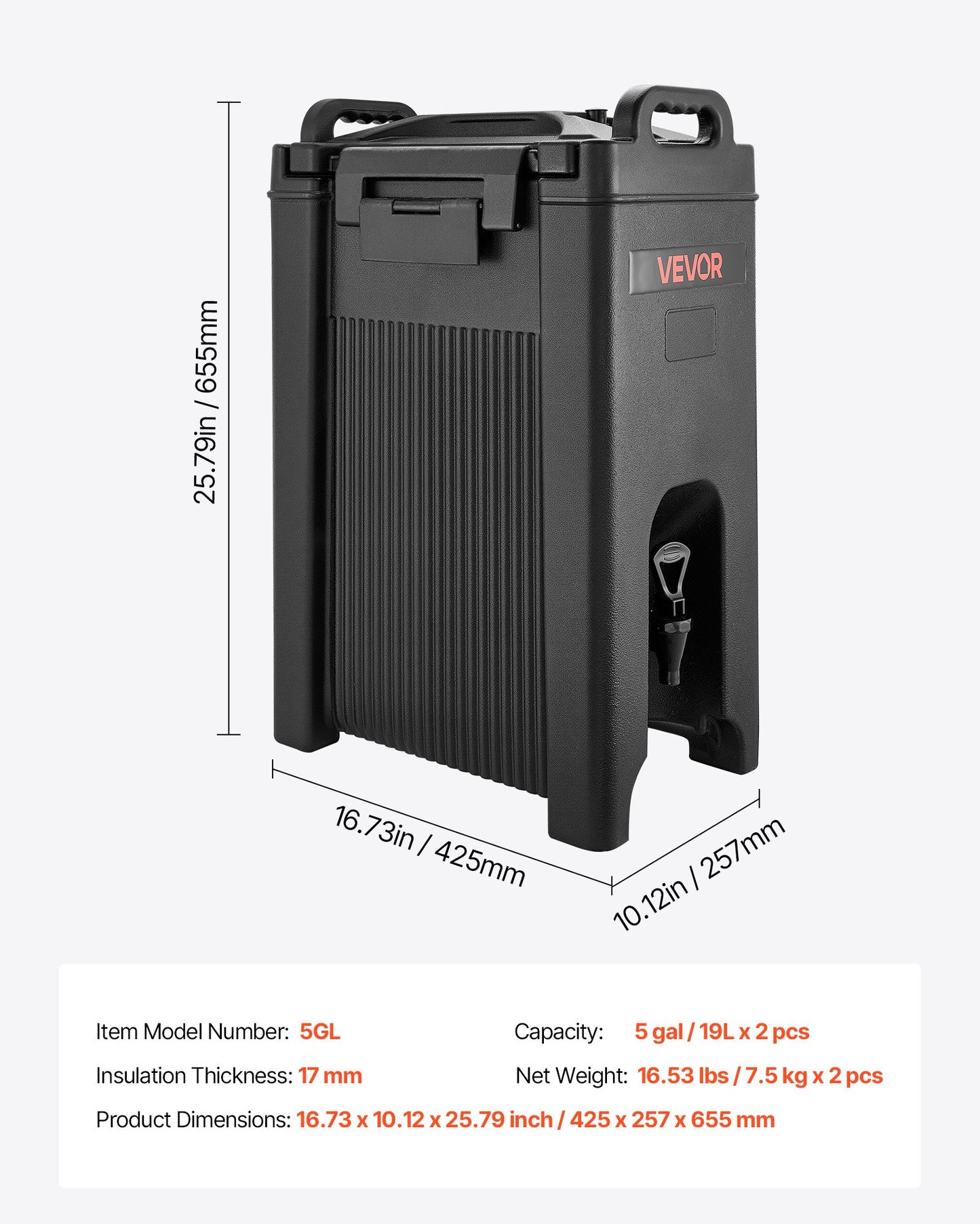 Insulated Beverage Dispenser, 5 Gal/19L Hot and Cold Beverage Server with Spigot & Handle, Food-Grade Thermal Drink Dispenser Cooler for Tea Coffee Water in Cafes & Restaurants, 2 Pack, Black