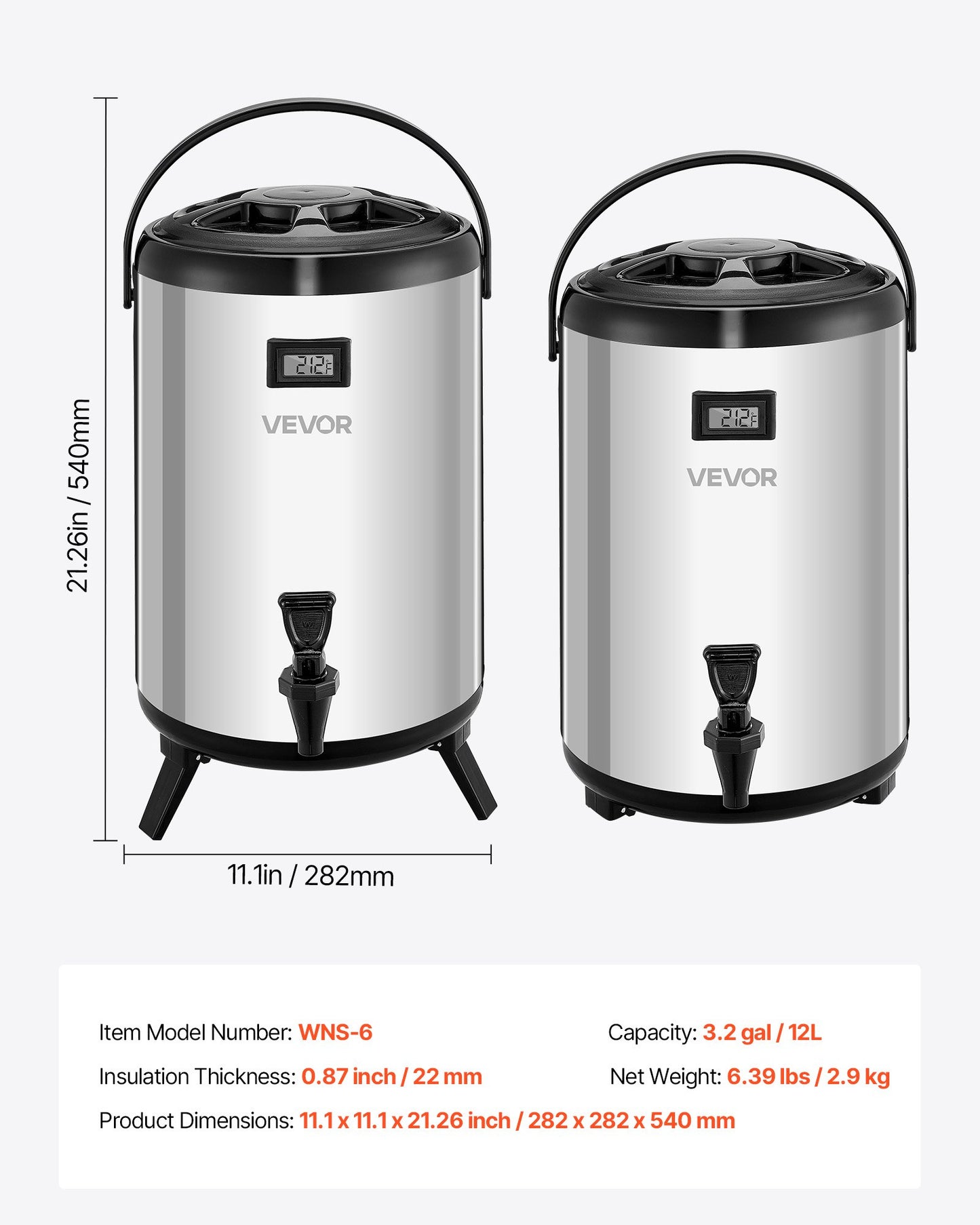 Insulated Beverage Dispenser, 3.2 Gal/12L Stainless Steel Thermal Drink Server with Spigot & Temp Display, Suitable for Hot and Cold Drinks, for Tea Coffee Water in Cafes & Restaurants, 2 Pack
