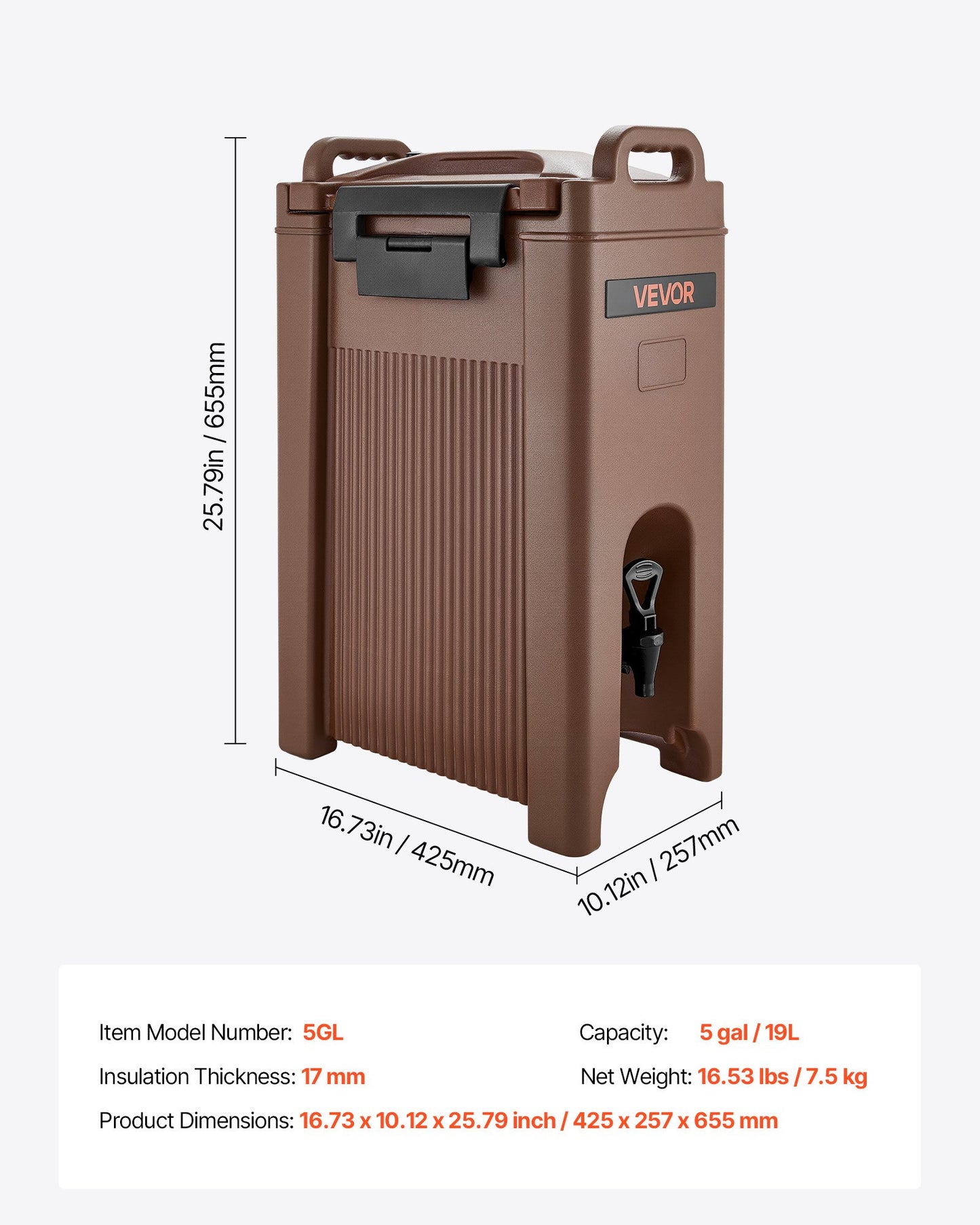 Insulated Beverage Dispenser, 5 Gal/19L Hot and Cold Beverage Server with Spigot & Handle, Food-Grade Thermal Drink Dispenser Cooler for Tea Coffee Water in Cafes & Restaurants, Brown
