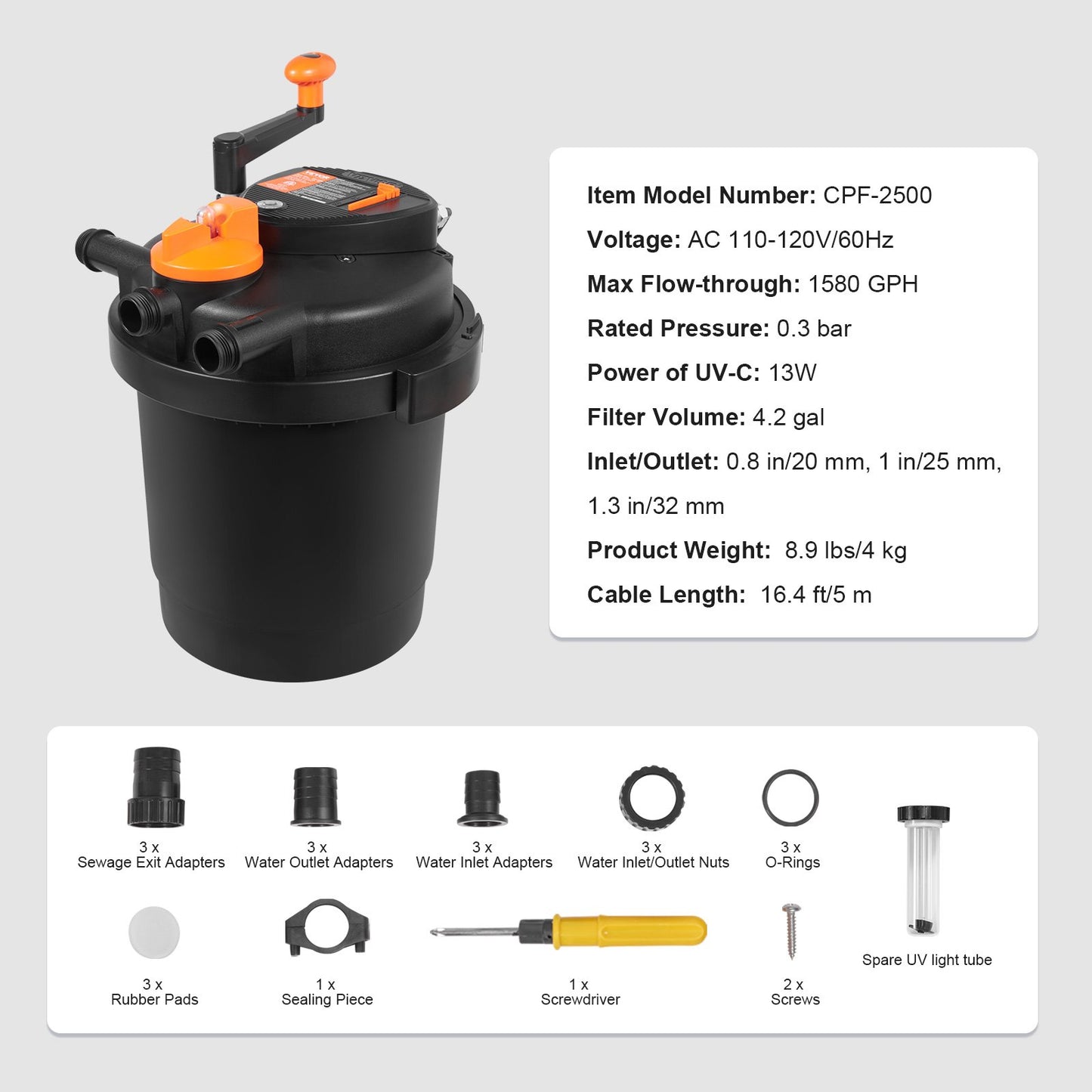 Bio Pressure Pond Filter, Up to 1600 Gallons, with 13W UV-C Light, 1580 GPH, Pressurized Biological Pond Filter System Filtration Equipment for Fountain Pool, Koi Fish Aquarium Tank Garden Water