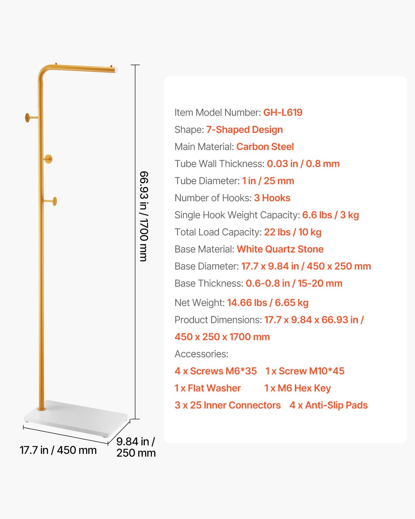 Coat Rack, Freestanding Coats Rack Stand with Quartz Stone Base & 3 Round Hooks, Free Standing Hall Coat Tree for Entryway, Bedroom, Living Room, Stylish Clothes Hanger Stand for Coats, Hat, Bag
