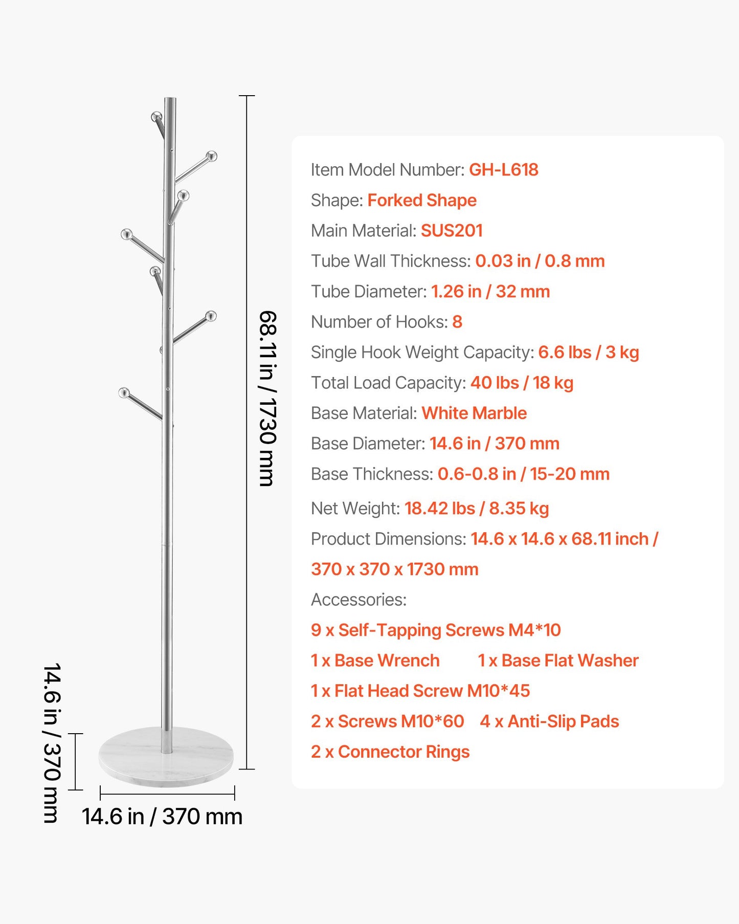 Coat Rack, Freestanding Coats Rack Stand with Stable Marble Base & 8 Hooks, Free Standing Hall Coat Tree for Entryway, Bedroom, Office, Living Room, Modern Clothes Hanger for Coats, Hats, Bags