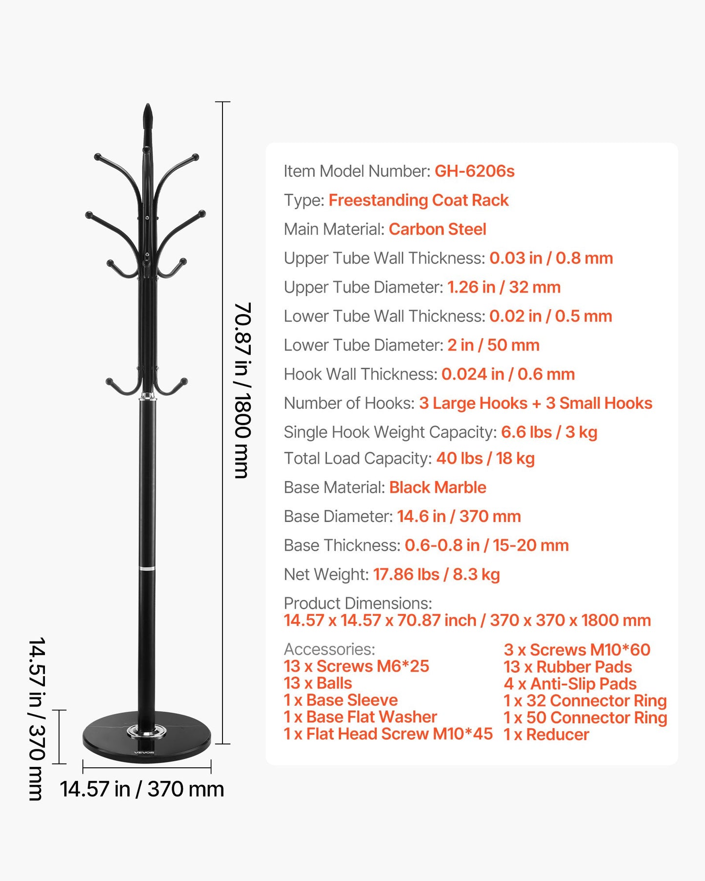 Coat Rack Freestanding, Coats Tree Stand with Stable Marble Base & 6 Hooks, Free Standing Hall Coat Rack for Entryway, Bedroom, Office, Living Room, Modern Clothes Hanger for Coats, Hats, Bags