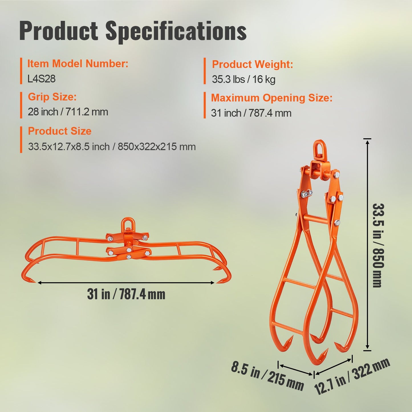 Timber Claw Hook, 28 inch 4 Claw Log Grapple for Logging Tongs, Swivel Steel Log Lifting Tongs, Eagle Claws Design with 2205 lbs/1000 kg Loading Capacity for Tractors, ATVs, Trucks, Forklifts