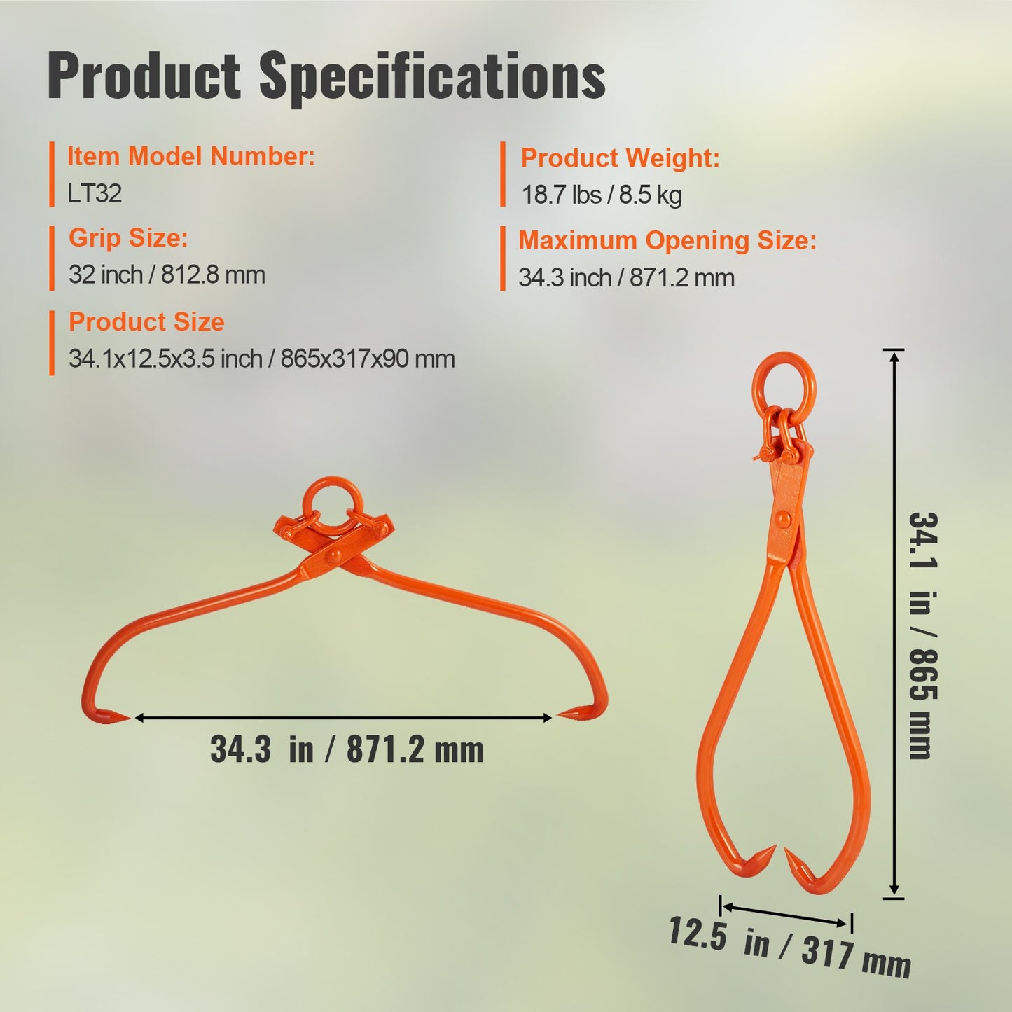 Log Skidding Tongs, 32 inch 2 Claw Log Lifting Tongs, Heavy Duty Steel Lumber Skidding Tongs, 1543 lbs/700 kg Loading Capacity, Log Lifting, Handling, Dragging & Carrying Tool