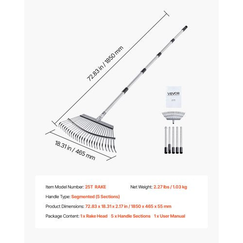 Lövkratta, 25 metallpinnar, justerbar trädgårdskratta för gräsmattor med 46,5 cm brett huvud och 92,5-185 cm långt handtag, kraftigt rostfritt stålverktyg för små löv för trädgårdsskötsel, camping, gårdsplan, gräs | EU