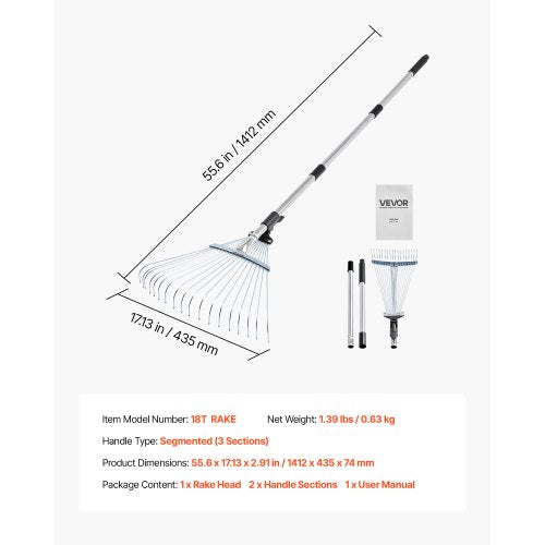 Lövkratta, 18 metallpinnar, justerbar trädgårdskratta för gräsmattor med 19,5-43,5 cm brett huvud och 82-141 cm långt handtag, kraftigt rostfritt stålverktyg för små löv för trädgårdsskötsel, camping, gårdsplan, gräs | EU