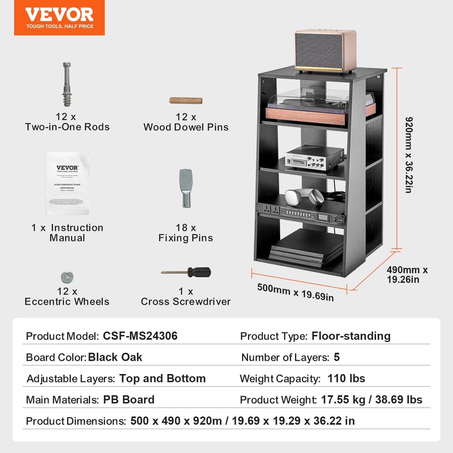 5-Tier AV Media Stand, Wooden Audio-Video Media Stand for DVD Players/Cable Boxes/Games Consoles, Height-Adjustable Media Storage Cabinet for Gaming, Recording Room, Black