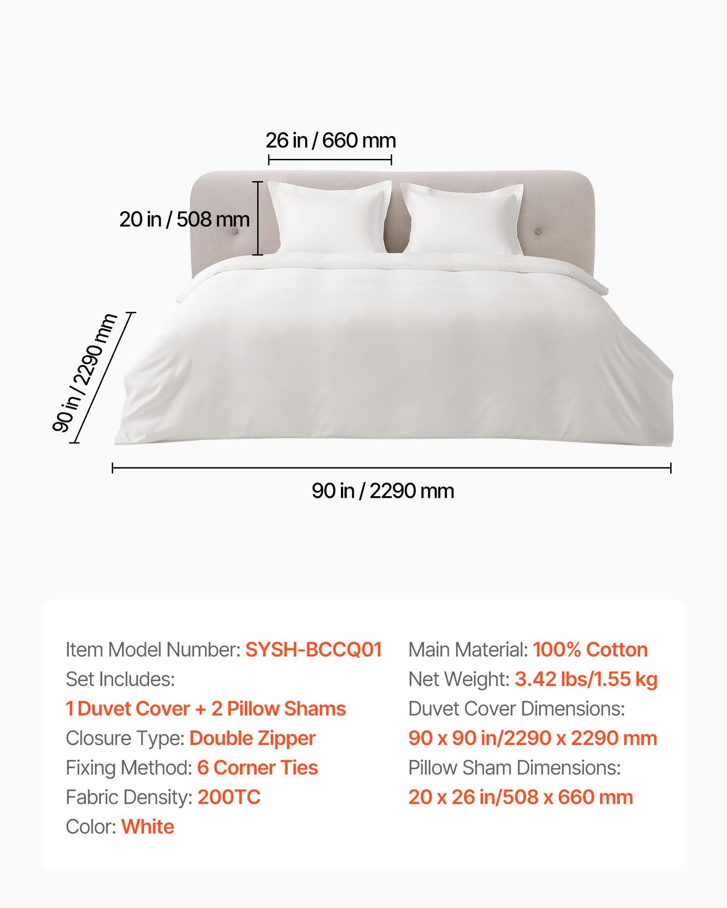 Queen Duvet Cover Set, 100% Cotton, 3 Pieces Bedding Set Queen Size with 1 Duvet Cover 90 x 90 in and 2 Pillow Shams 20 x 26 in, Soft Breathable, Double Zipper Closure, for Home Bedding, White