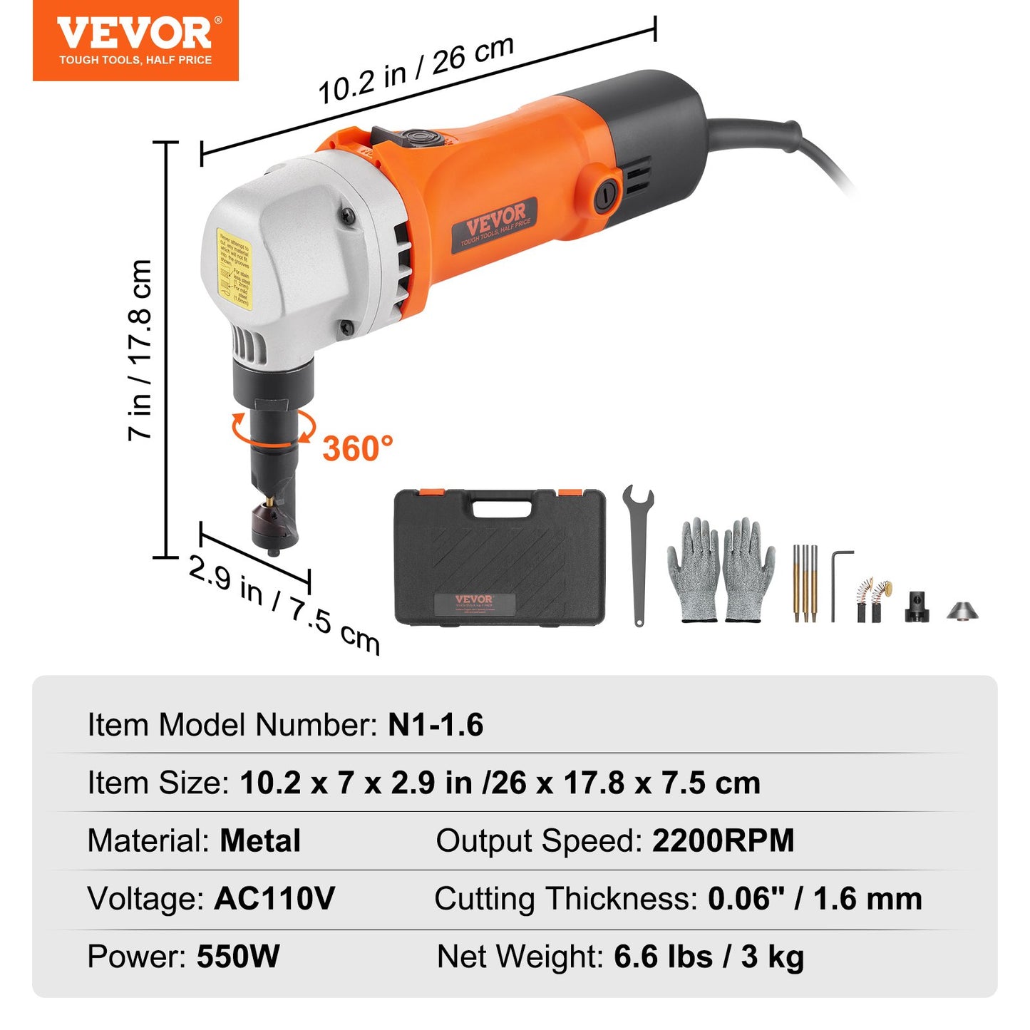 Sheet Metal Nibbler, 550W Powerful 2200 RPM High Speed, 360 Degree Rotation Electric Nibbler Metal Cutter, Straight Curve and Circle Cutting for Stainless Steel, Aluminum, Plastic, Wood Board