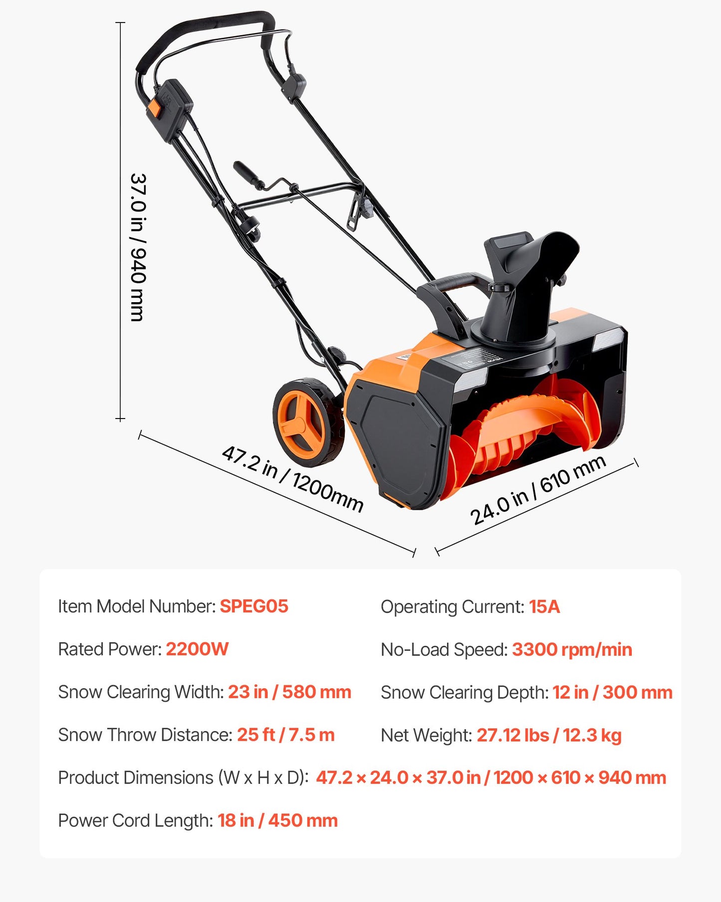 Electric Snow Blower, 23 inch 15A Corded Snow Thrower with Dual LED Headlights & 180° Rotating Chute, 25FT Throwing Distance, 12" Depth Clearing, Walk-Behind Snowblower for Driveway Sidewalk