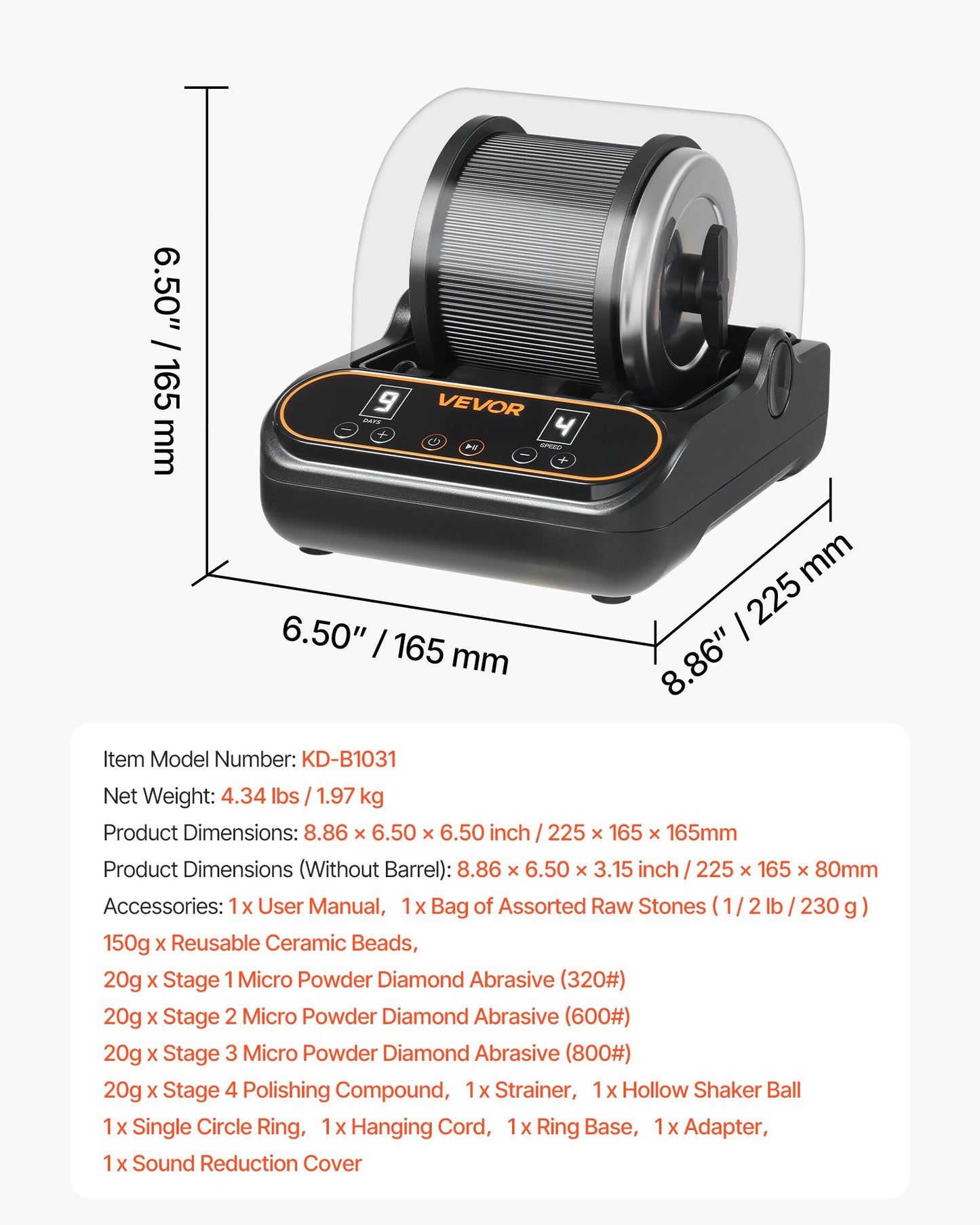 Rock Tumbler, 1 lb Rock Polishing Machine, Rocks Tumbling Kit with 4-Speed Adjustment, 1–9 Day Timer, PC Sound Reduction Cover & TPU Drum, Direct Drive Motor Rocks Polishing, Quiet Operation