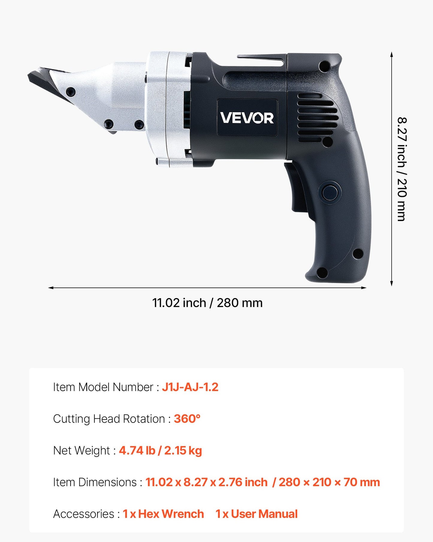 Electric Metal Shear, 4.0-Amp Corded Sheet Metal Cutter with 360-Degree Swivel Head, Variable Speed, Continuous Cutting, Clean Cut for 18GA Galvanized Steel, 20 GA Stainless Steel, 2500 SPM