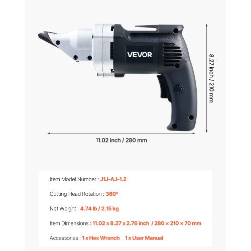 Elektrisk Metallsax, 4,0 Amp sladdansluten Plåtskärare med 360-graders vridbart huvud, variabel hastighet, kontinuerlig skärning, rent snitt för 1,22 mm galvaniserat stål, 1 mm rostfritt stål, 2500 SPM | EU