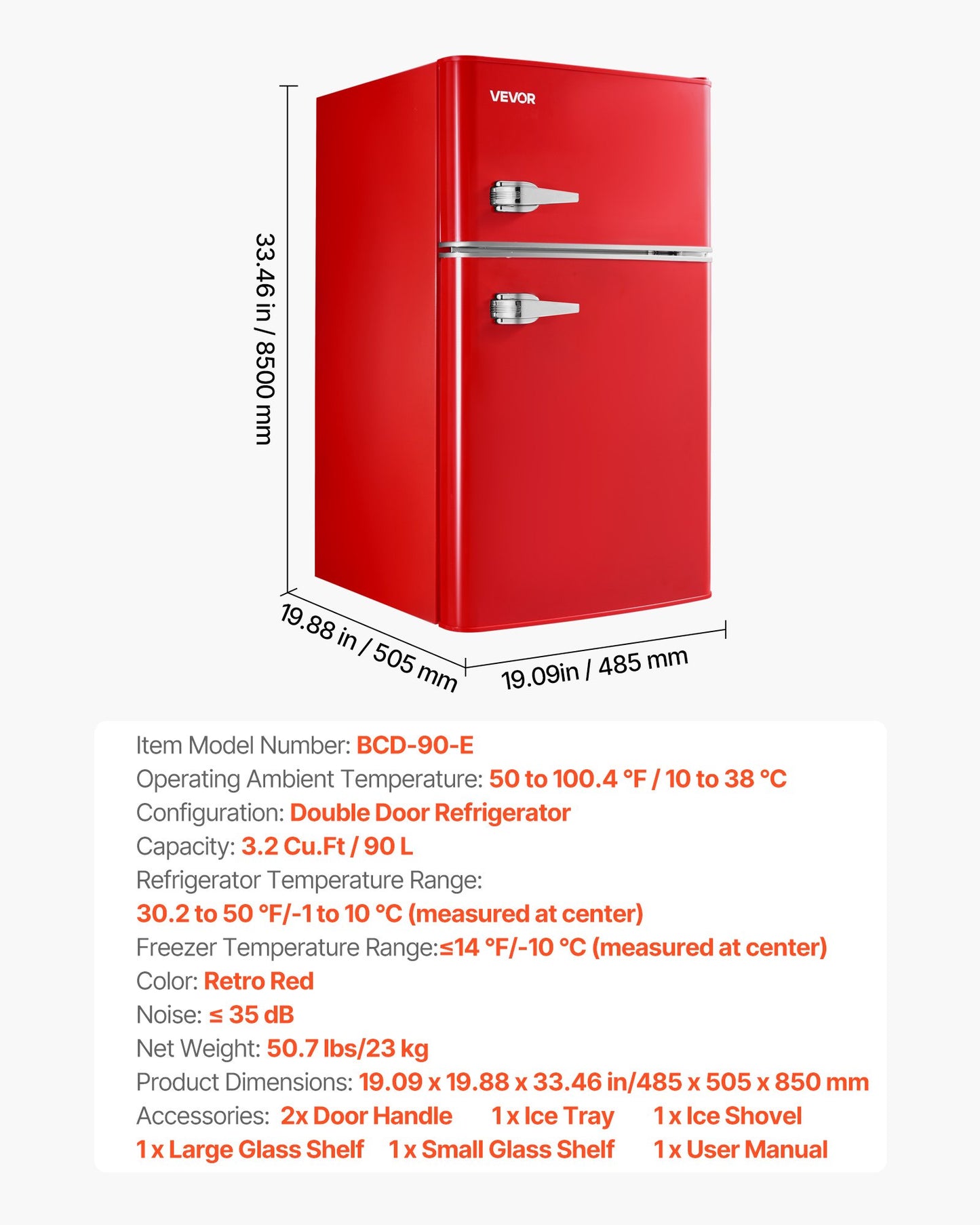 Mini Fridge with Freezer, 3.2 Cu.Ft, Two Door Compact Refrigerator with Adjustable Temperature, Glass Shelf, Energy Efficient Dorm Fridge, Low Noise Small Refrigerator, for Bedroom, Office, Red