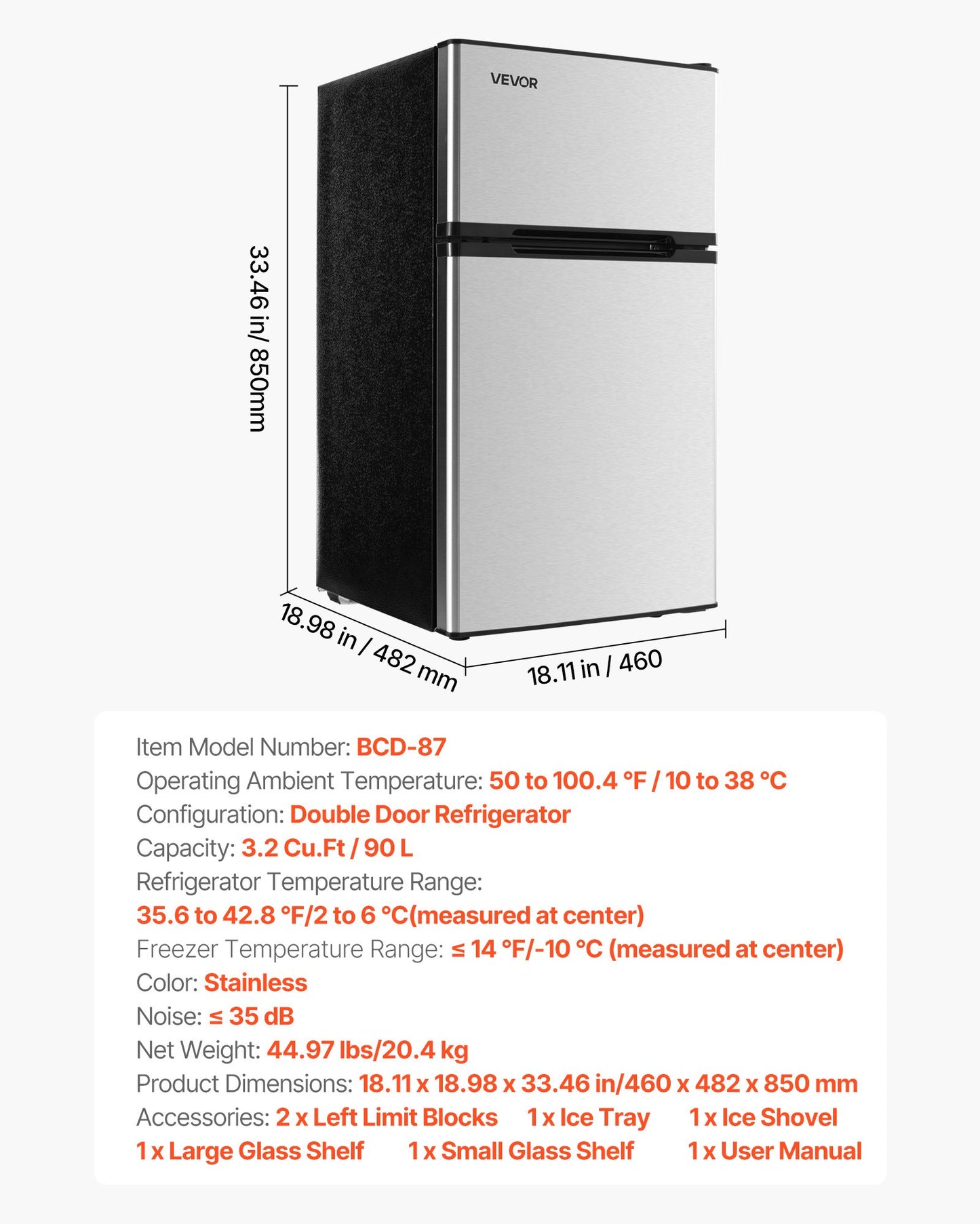 Mini Fridge with Freezer, 3.2 Cu.Ft, Two Door Compact Refrigerator, Adjustable Temperature, Shelf, Energy Efficient Small Fridge, Reversible Door, Low Noise, for Bedroom, Dorm, Office, Stainless