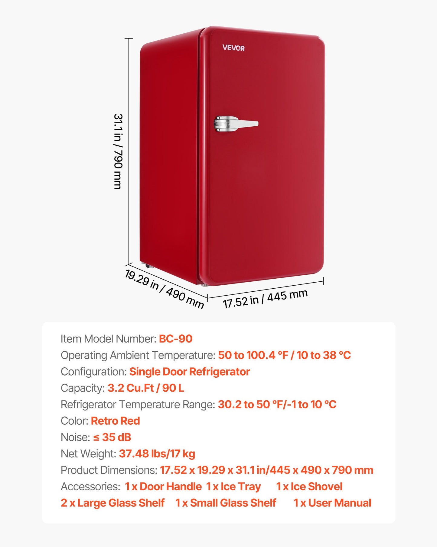 Mini Fridge, 3.2 Cu.Ft, Single Door Compact Refrigerator with Adjustable Temperature, Glass Shelf, Energy Efficient Dorm Fridge, Low Noise Small Refrigerator, for Bedroom, Office, Dorm, Red