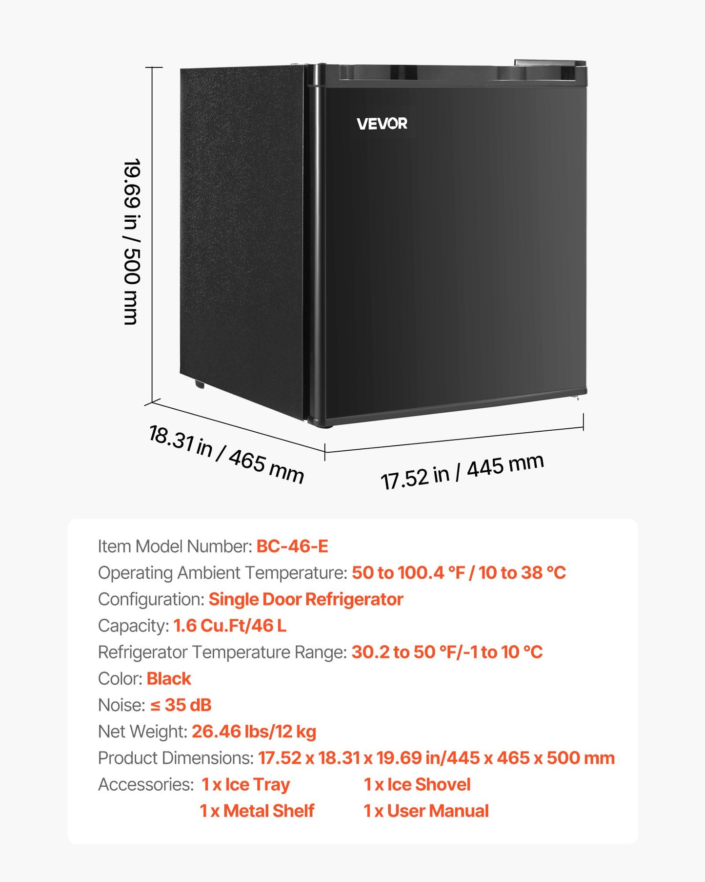 Mini Fridge, 1.6 Cu.Ft, Single Door Compact Refrigerator, Adjustable Temperature, Metal Shelf, Energy Efficient Small Refrigerator, Reversible Door, Low Noise, for Bedroom Dorm Office, Black