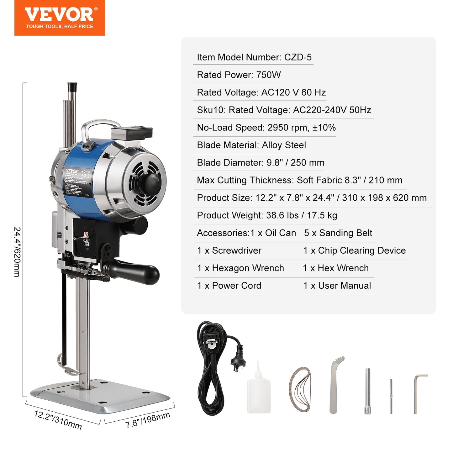Fabric Cutter, 750W High-Speed Straight Knife Cloth Cutting Machine, 9.8" Alloy Steel Blade, Industrial Fabric Cutting Machine with Automatic Knife Sharpen, for Multilayer Fabric Leather Cloth