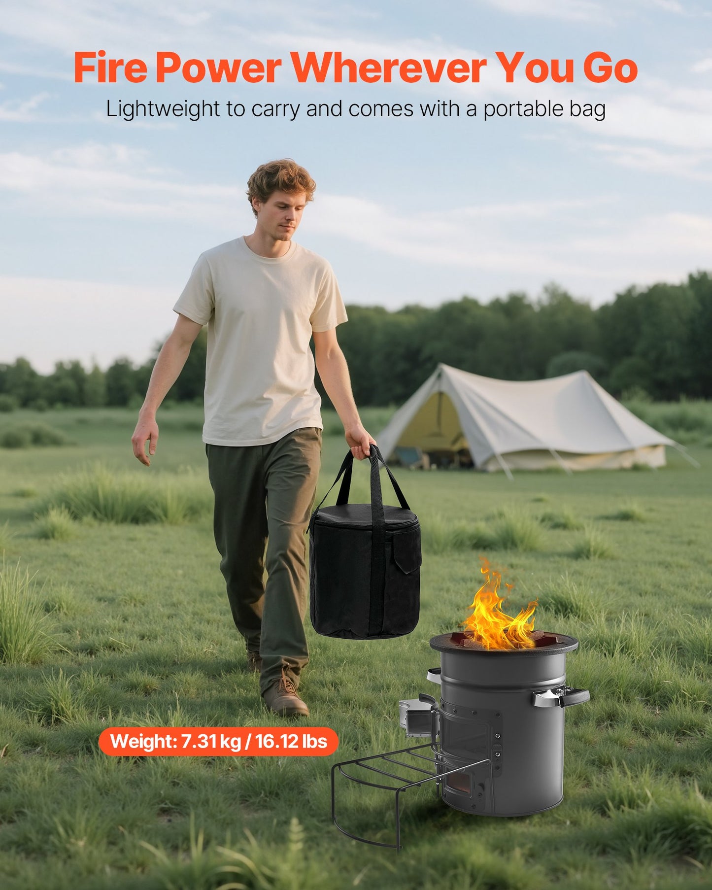 Camping Rocket Stove, Wood Burning Portable Rocket Stove with Carrying Bag for Backpacking, SPCC Steel, Double Door, Burn Twigs, Sticks or Charcoals for Outdoor Cooking, Backyard, Camp Cooking
