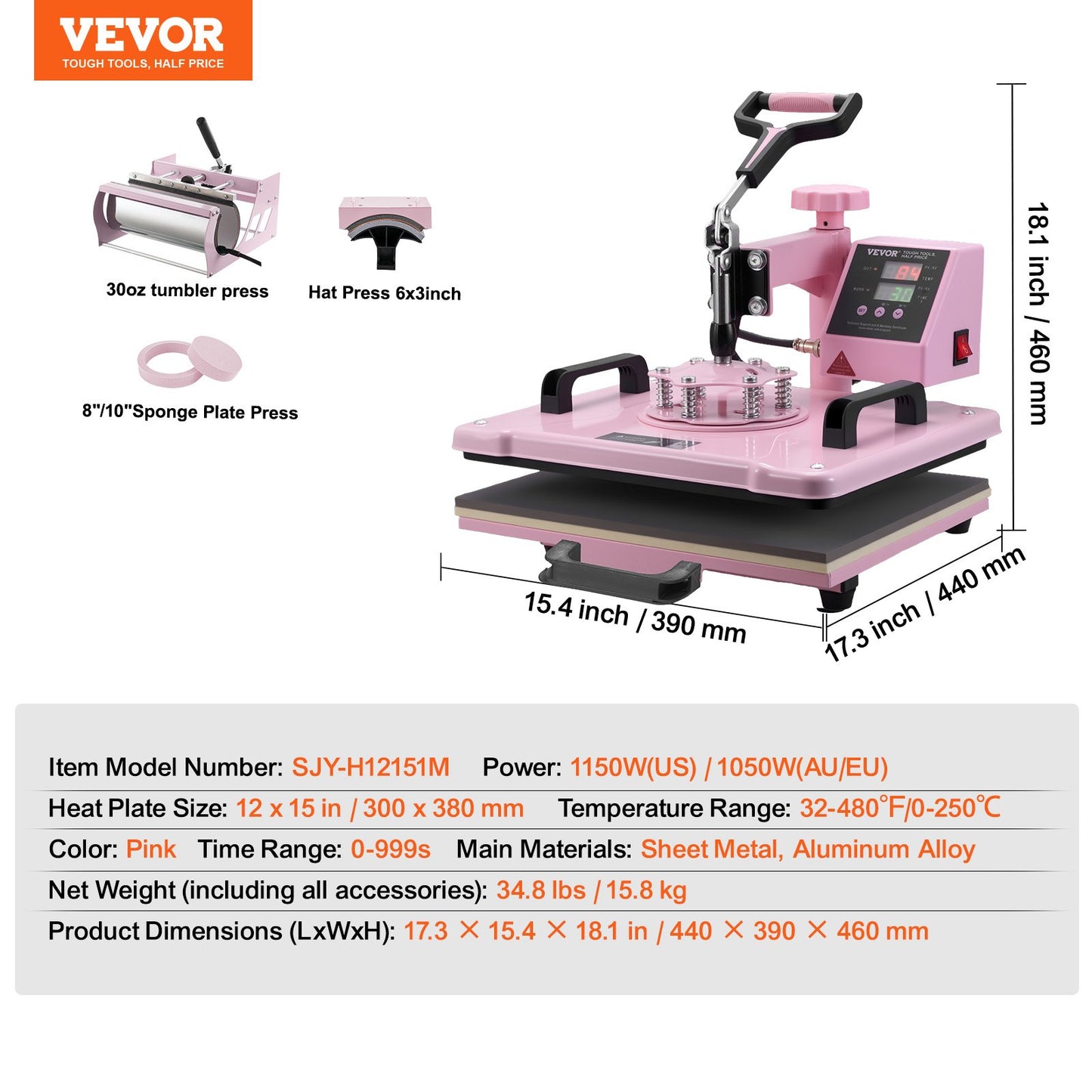 Heat Press Machine, 12 x 15 inch, 5 in 1 Heat Transfer Machine with 30 oz Tumbler Press, 360° Swing Away T-Shirt Pressing, Digital Precise Control, for T-Shirts/Mugs/Hats/Plates, Pink