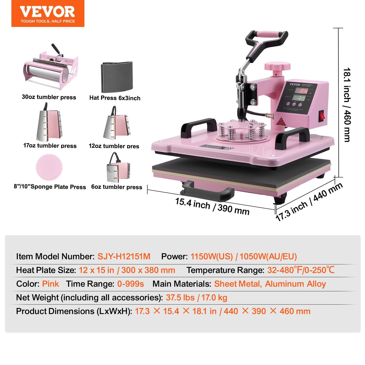 Heat Press Machine, 12 x 15 inch, 8 in 1 Heat Transfer Machine with 6-30 oz Tumbler Press, 360° Swing Away T-Shirt Pressing, Digital Precise Control, for T-Shirts/Mugs/Hats/Plates, Pink