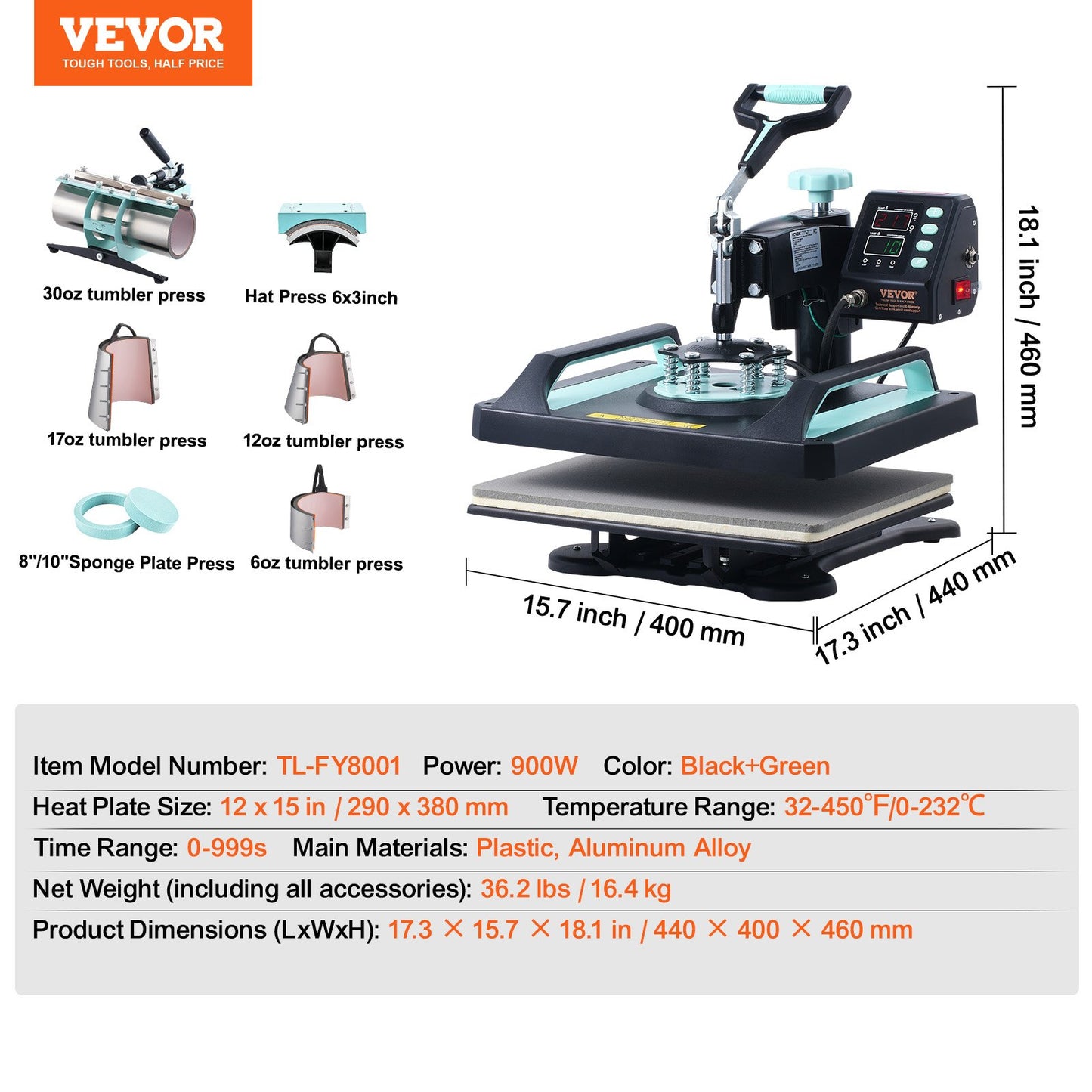 Heat Press Machine, 12 x 15 inch, 8 in 1 Heat Transfer Machine with 30 oz Tumbler Press, 360° Swing Away Digital T-Shirt Pressing, Teflon Coating, for T-Shirts/Mugs/Hats/Plates, Black+Green