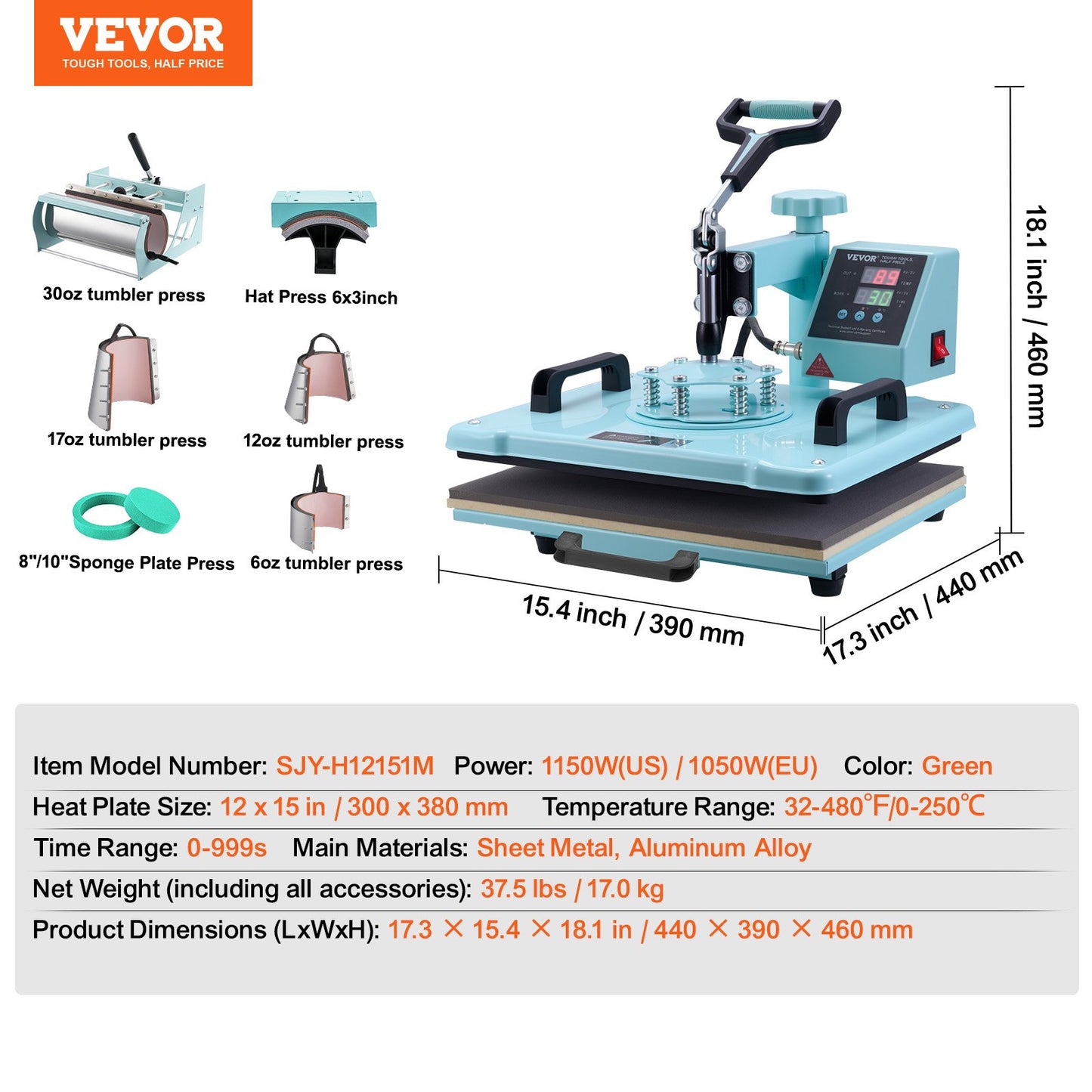 Heat Press Machine, 12 x 15 inch, 8 in 1 Heat Transfer Machine with 6-30 oz Tumbler Press, 360° Swing Away T-Shirt Pressing, Digital Precise Control, for T-Shirts/Mugs/Hats/Plates, Green