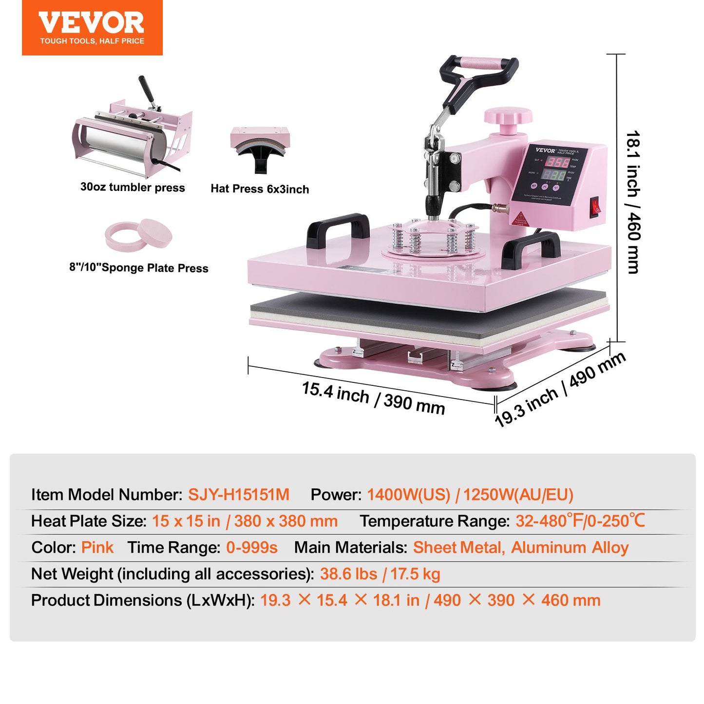 Heat Press Machine 15x15 in 5 in 1 with 30oz Tumbler Press T-Shirts Pink
