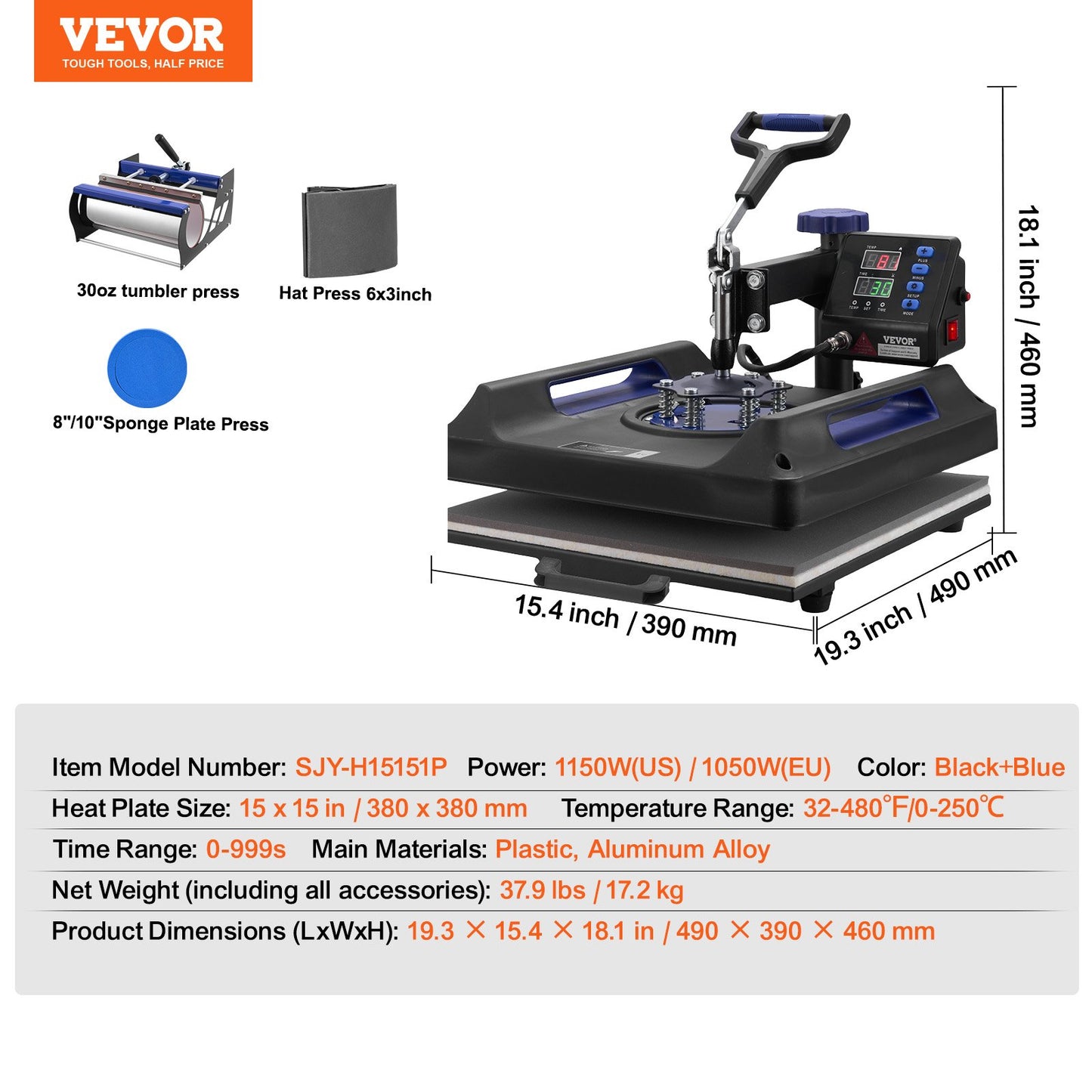 Heat Press Machine, 15 x 15 inch, 5 in 1 Heat Transfer Machine with 30 oz Tumbler Press, 360° Swing Away Digital T-Shirt Pressing, Teflon Coating, for T-Shirts/Mugs/Hats/Plates, Black+Blue