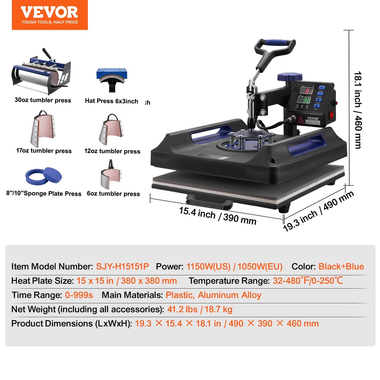 Heat Press Machine, 15 x 15 inch, 8 in 1 Heat Transfer Machine with 30 oz Tumbler Press, 360° Swing Away Digital T-Shirt Pressing, Teflon Coating, for T-Shirts/Mugs/Hats/Plates, Black+Blue