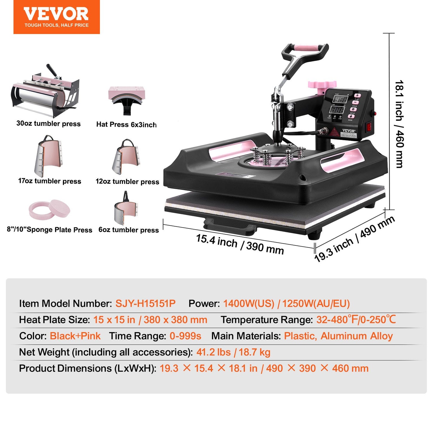 Heat Press Machine, 15 x 15 inch, 8 in 1 Heat Transfer Machine with 30 oz Tumbler Press, 360° Swing Away Digital T-Shirt Pressing Machine, Teflon Coating, for T-Shirts/Mugs/Hats/Plates, Black