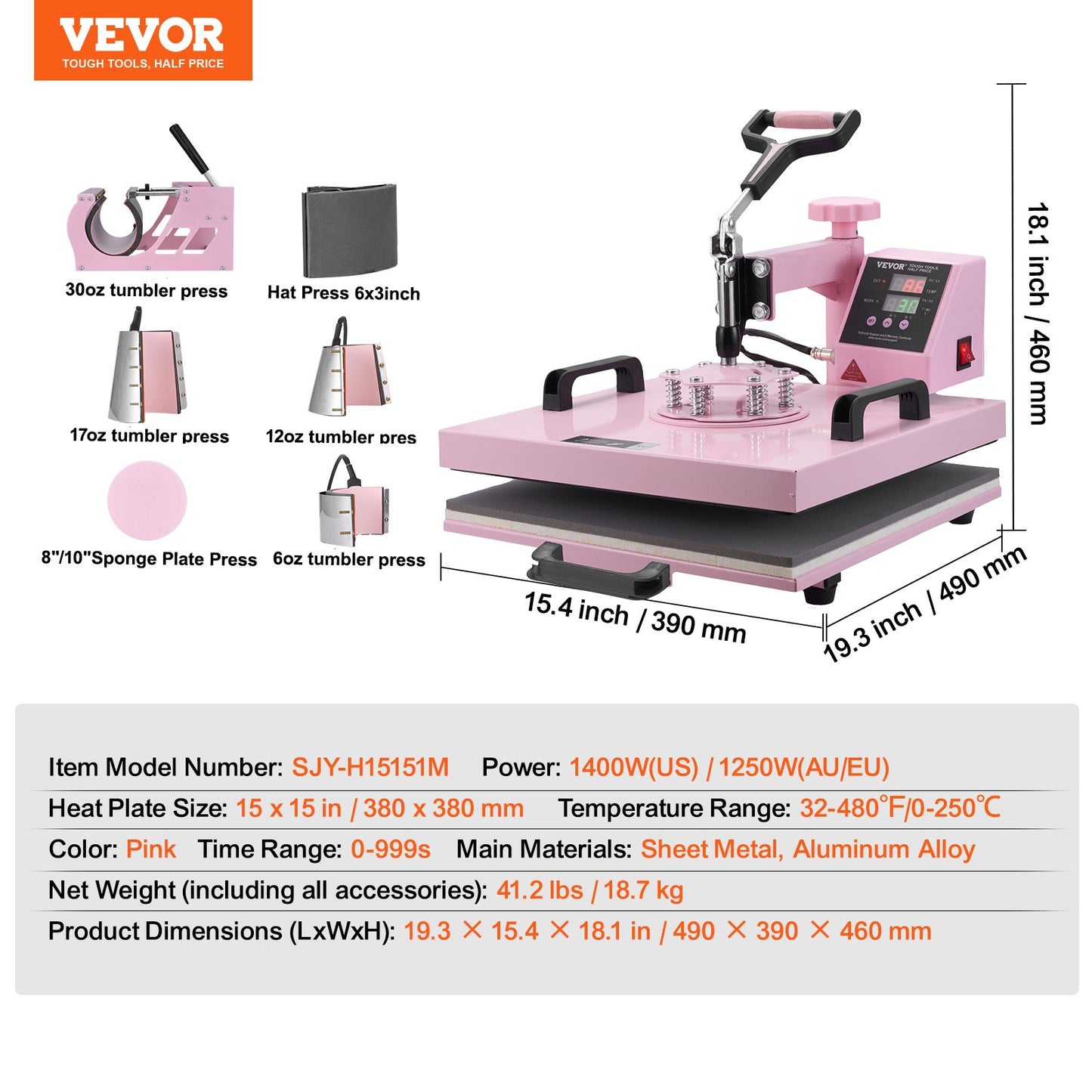 Heat Press Machine, 15 x 15 inch, 8 in 1 Heat Transfer Machine with 6-30 oz Tumbler Press, 360° Swing Away T-Shirt Pressing, Digital Precise Control, for T-Shirts/Mugs/Hats/Plates, Pink