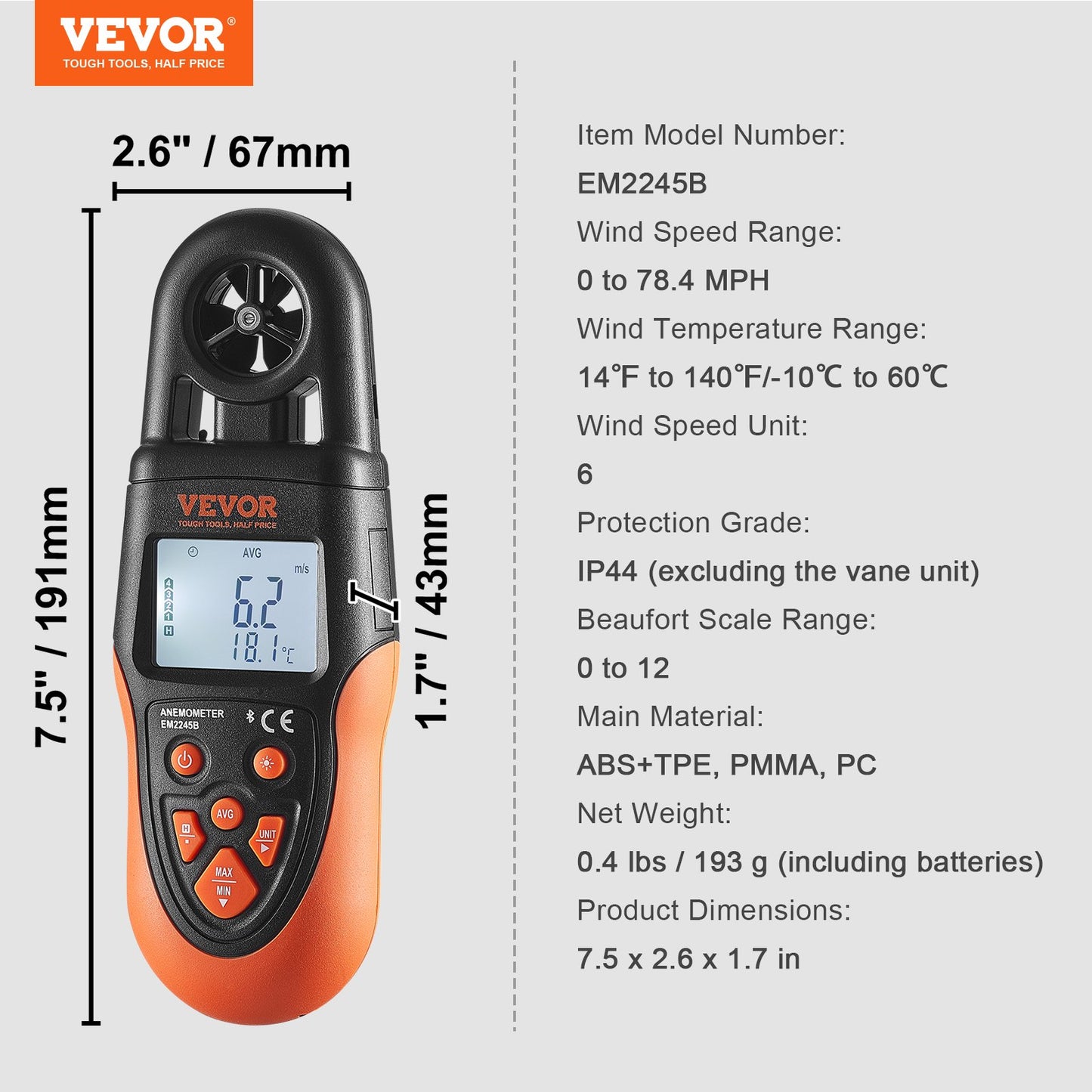 Bluetooth Handheld Anemometer, 14℉-140℉, Digital Wind Speed Meter Gauge with LED Backlight Screen, Measures Wind Velocity Wind Temperature Air Flow Wind Chill, for Surfing Drone Flying HVAC