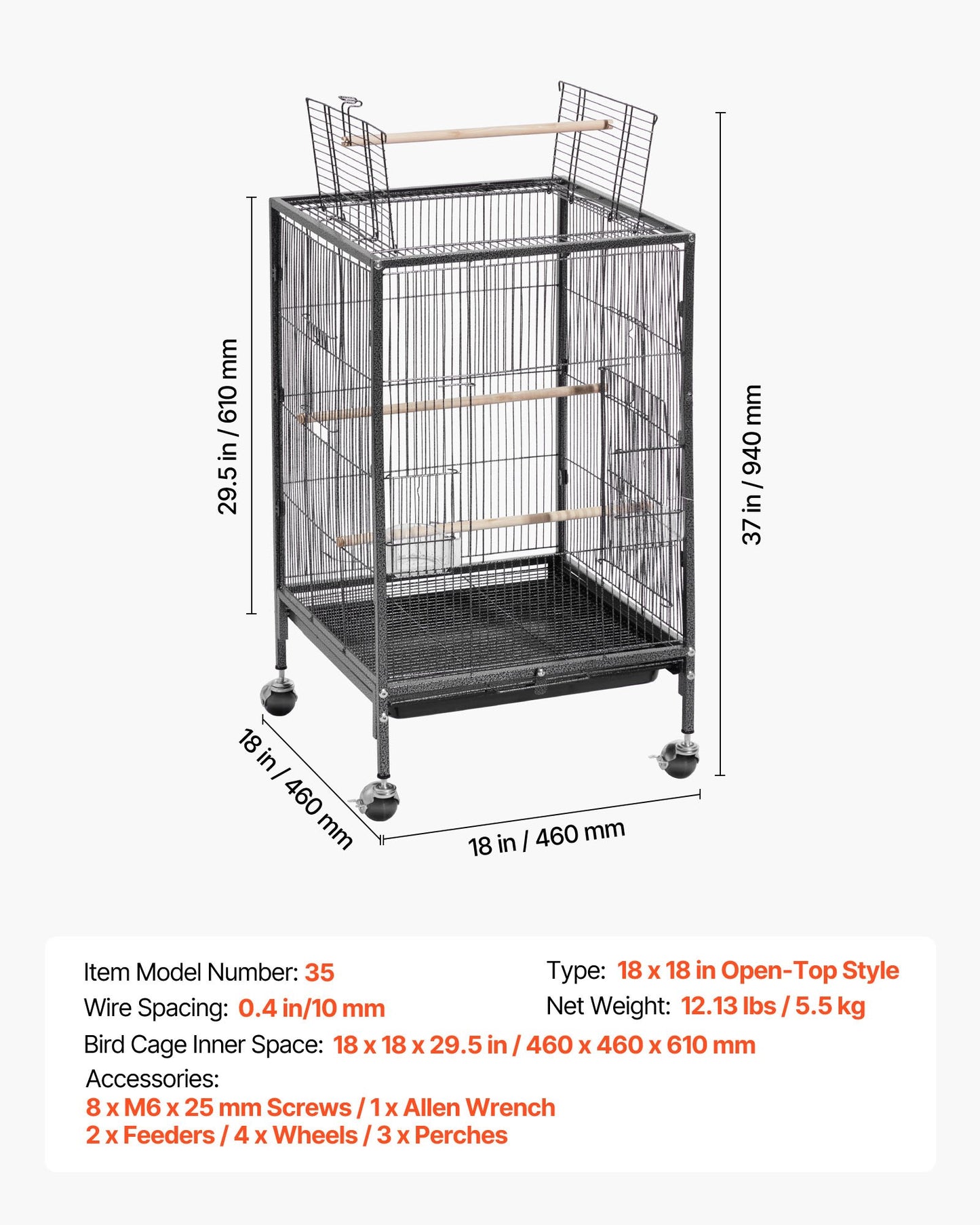Bird Cage, 18 x 18 x 30 inch, Open Flat Top, Wrought Iron Bird Flight Cage with Perches, Slide-Out Tray and Plastic Feeders, Casters, for Parrot, Blue Tit, Cockatiel, Canary, Budgerigar, Conure
