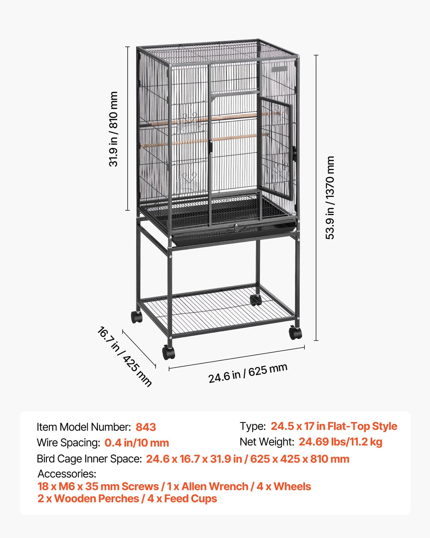 Bird Cage, 24.6 x 16.7 x 53.9 inch, Flat Top, Wrought Iron Bird Flight Cage with Perches, Slide-Out Tray and Plastic Feeders, Casters, for Parrot, Blue Tit, Cockatiel, Canary, Budgerigar, Conure