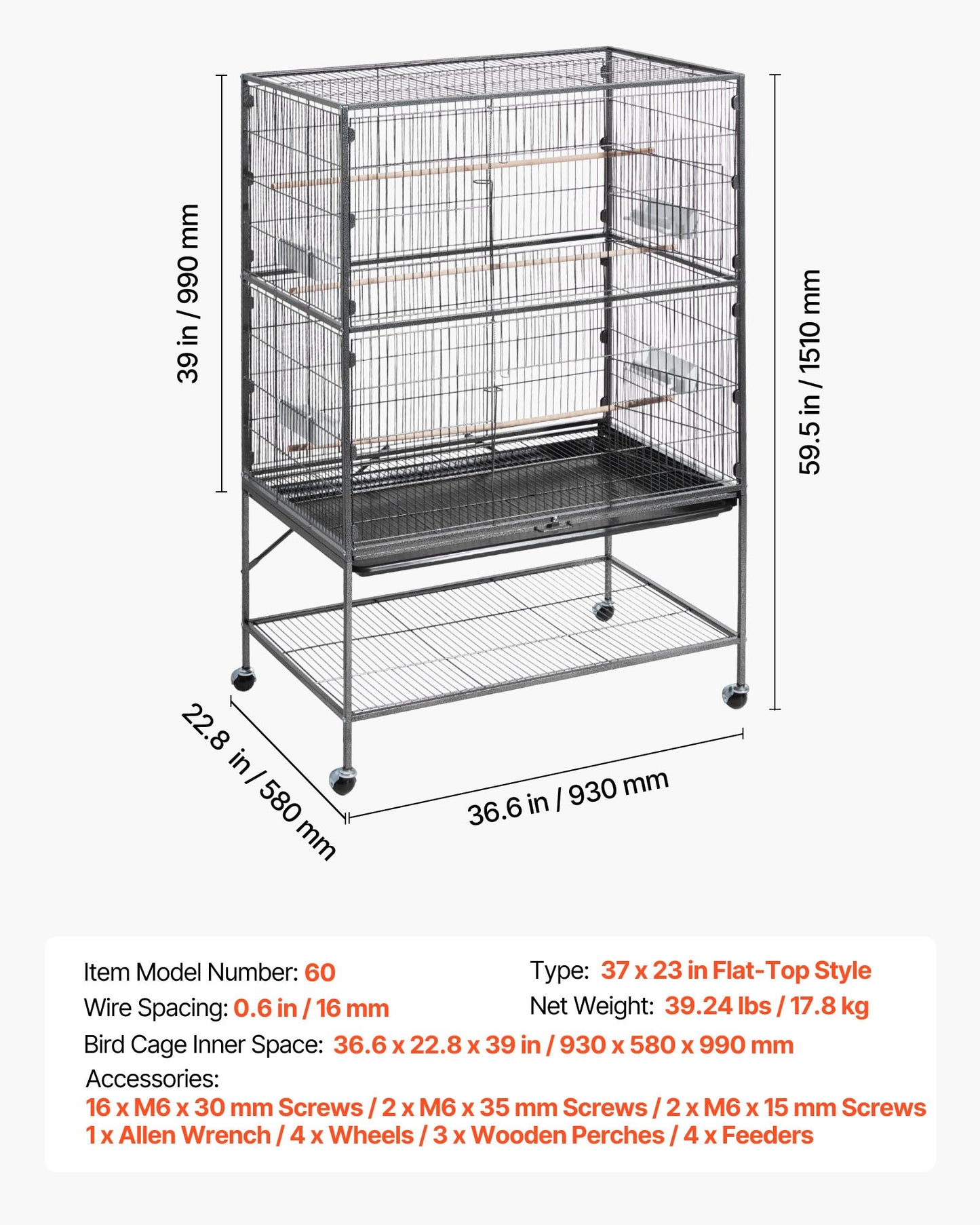 Bird Cage, 36.6 x 22.8 x 59.5 inch, Flat Top, Wrought Iron Bird Flight Cage with Perches, Slide-Out Tray and Plastic Feeders, for Blue Tit, Cockatiel, Canary, Monk Parakeet, African Grey Parrot