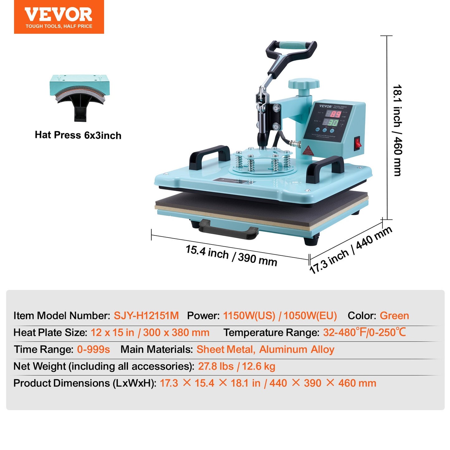 Heat Press Machine, 12 x 15 inch, 2 in 1 Heat Transfer Machine with Hat Press, 360° Swing Away T-Shirt Pressing Machine, Digital Precise Control, Fast Even Heating for T-Shirts/Hats/Caps, Green