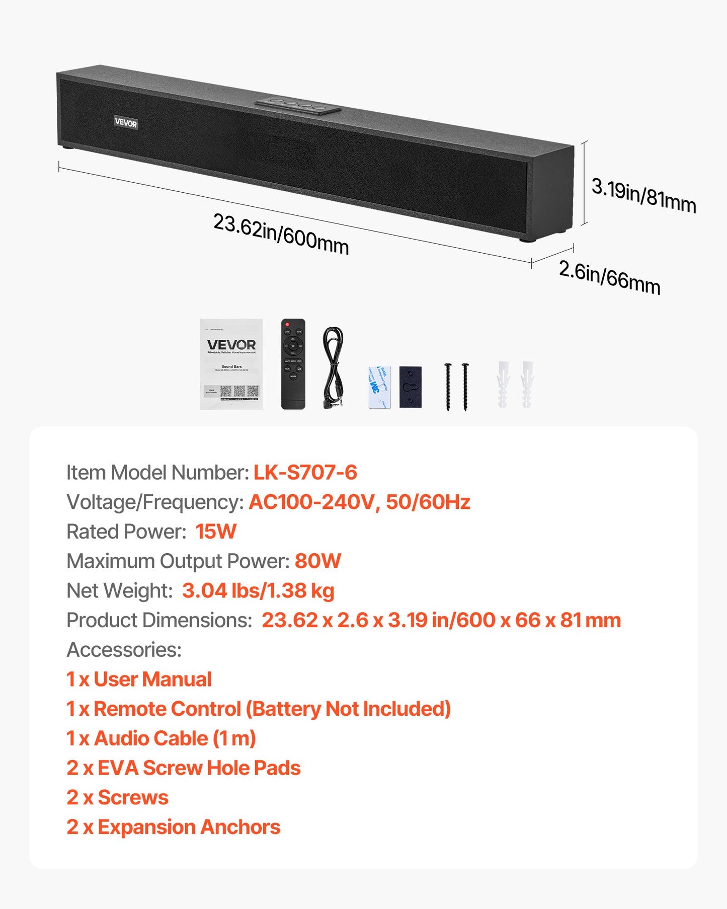Sound Bar for Smart TV, 2.0 Channel, 24-Inch Compact Soundbar TV Speakers for Projector, Bluetooth AUX Connection, Remote Control, Easy Setup, 80W Surround Sound System for PC Home Theater Audio