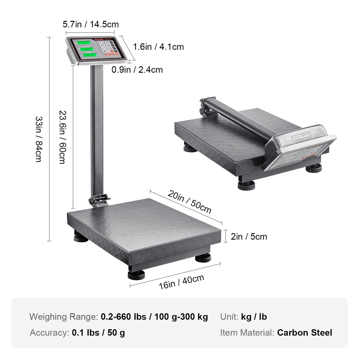 Computing Digital Platform Scale, 660 lbs Load, 0.1 lbs Accuracy Computing Floor Scale with LB/KG, Tare, Price Calculator, Stainless Steel High-Definition Display for Boxes, Luggages, FCC Listed