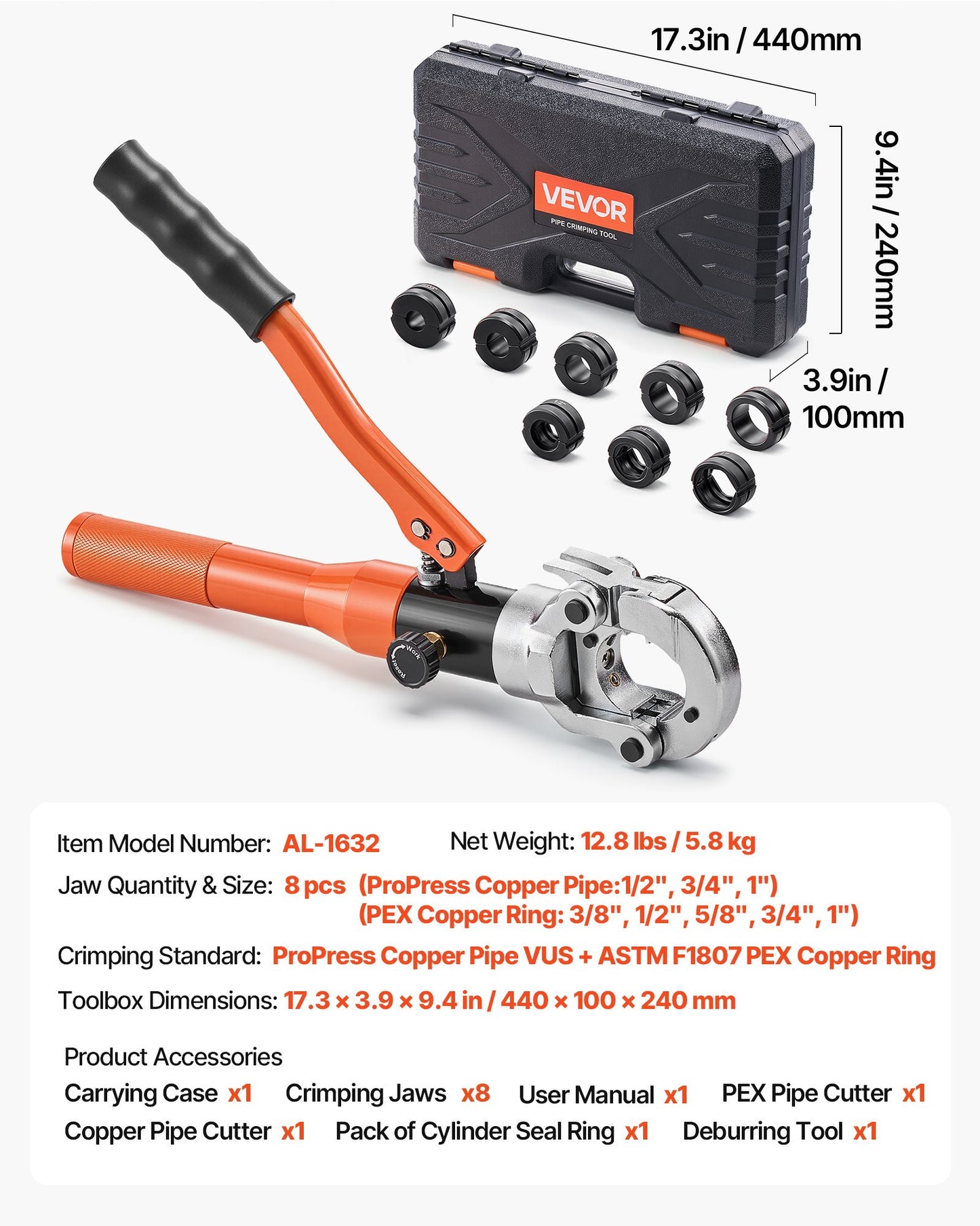 Copper Pipe Crimping Tool, Hydraulic Driven Pro Press Tool with 1/2", 3/4", 1" Jaws for Copper Tube & 3/8", 1/2", 5/8", 3/4", 1" Jaws for ASTM F1807 PEX Pipe Copper Ring - with Carrying Case