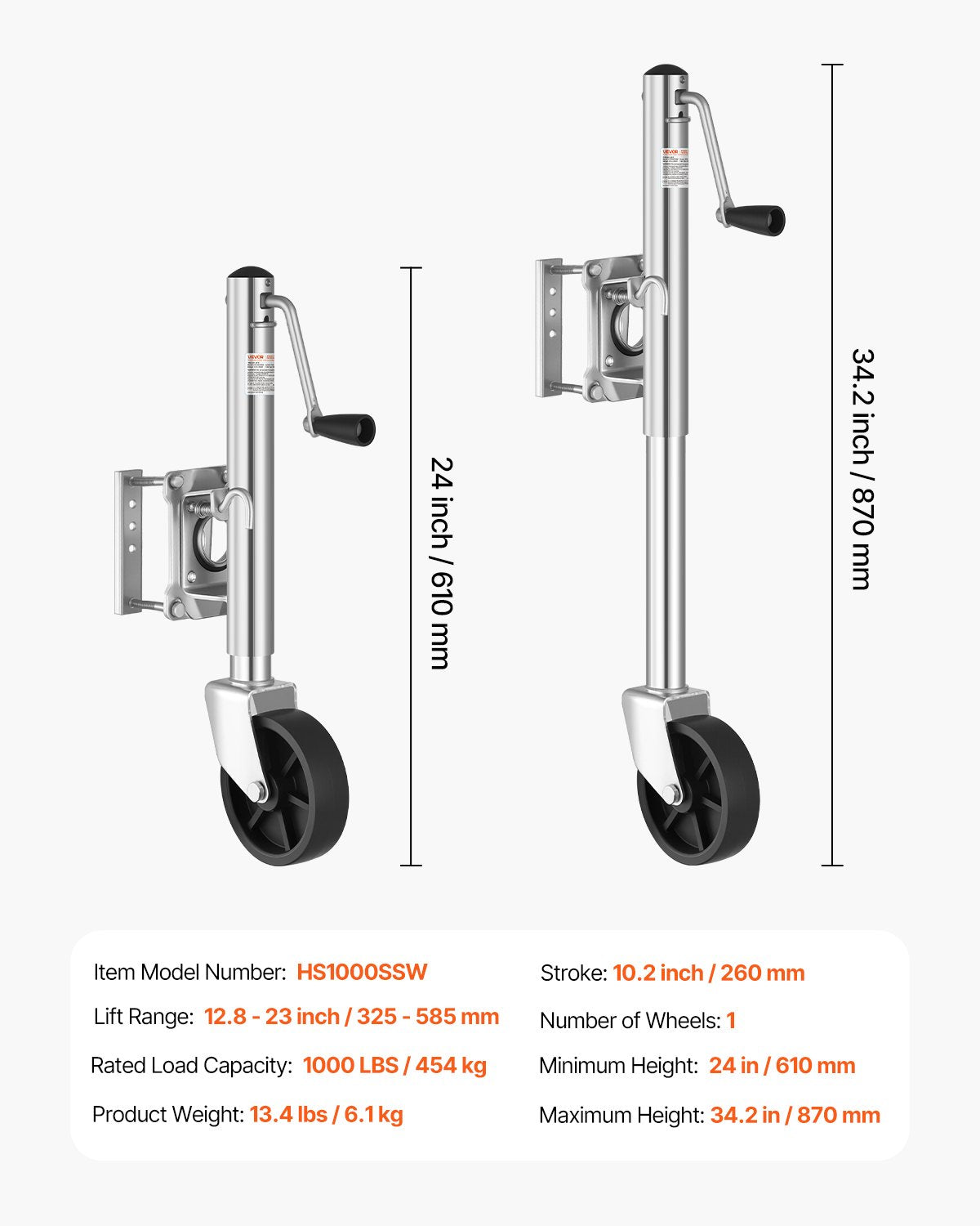 Trailer Jack with Wheel, 1000 lbs Load Capacity, Heavy Duty Swivel Boat Trailer Jack with PP Single Wheel & Ergonomic Handle, 10-inch Lift, Fit for RVs, Boats, Horse Trailers, Utility Trailers