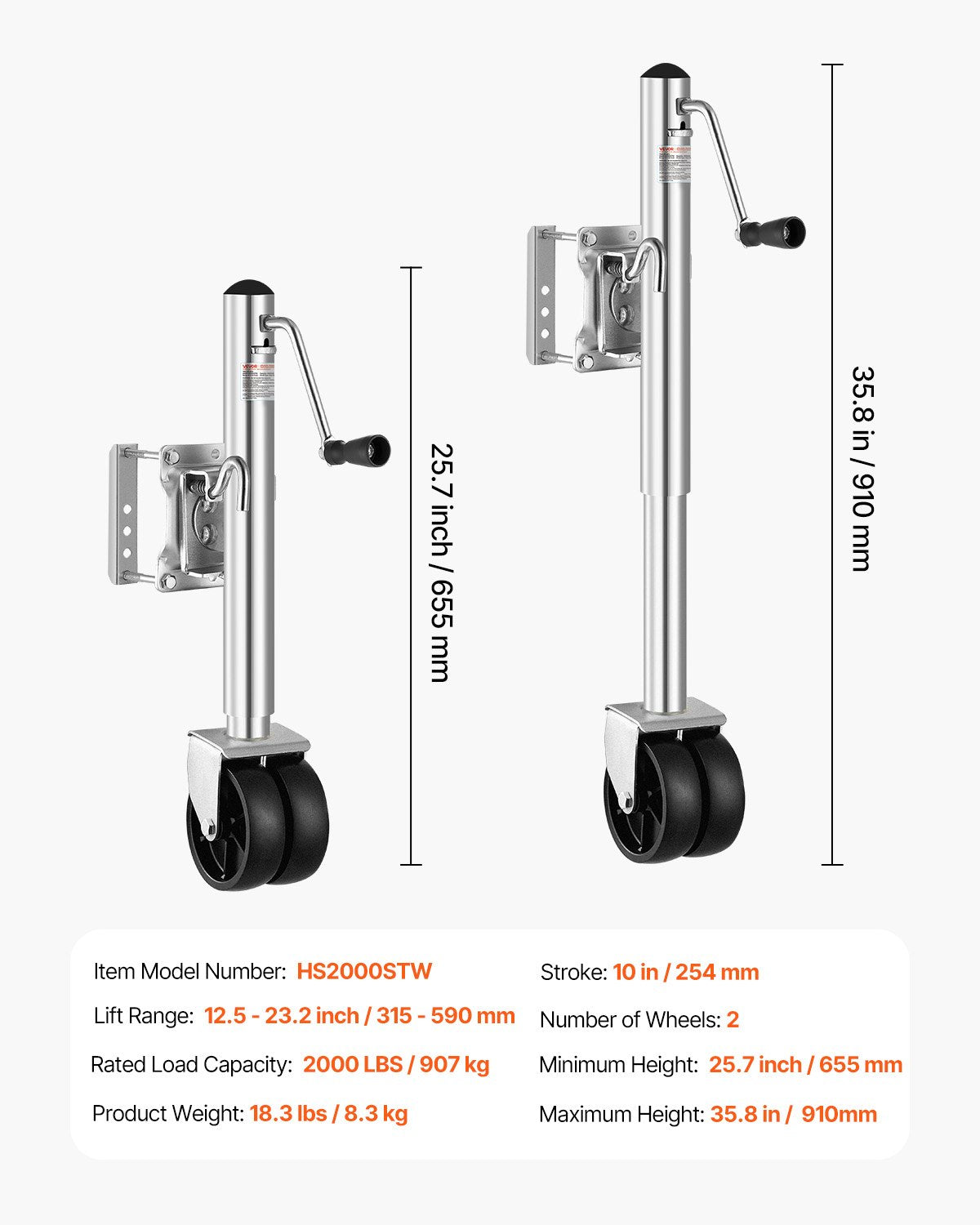 Trailer Jack with Wheel, 2000 lbs Load Capacity, Heavy Duty Swivel Boat Trailer Jack with PP Single Wheel & Ergonomic Handle, 12-inch Lift, Fit for RVs, Boats, Horse Trailers, Utility Trailers