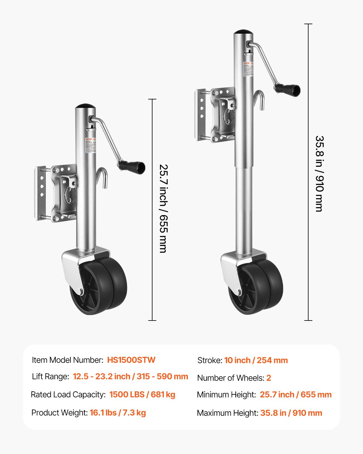 Trailer Jack with Wheel, 1500 lbs Load Capacity, Heavy Duty Swivel Boat Trailer Jack with PP Single Wheel & Ergonomic Handle, 12-inch Lift, Fit for RVs, Boats, Horse Trailers, Utility Trailers