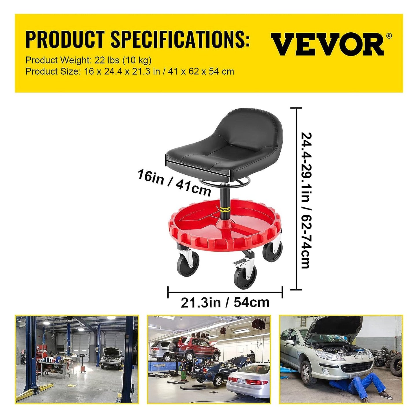 Shop Stool, 300 LBS Rolling Garage Stool, 22” to 26” Adjustable Height Mobile Rolling Gear Seat, Round Tray Garage Pneumatic Stool, All-Terrain 5\" Casters with Two Brakes Mechanic Seat